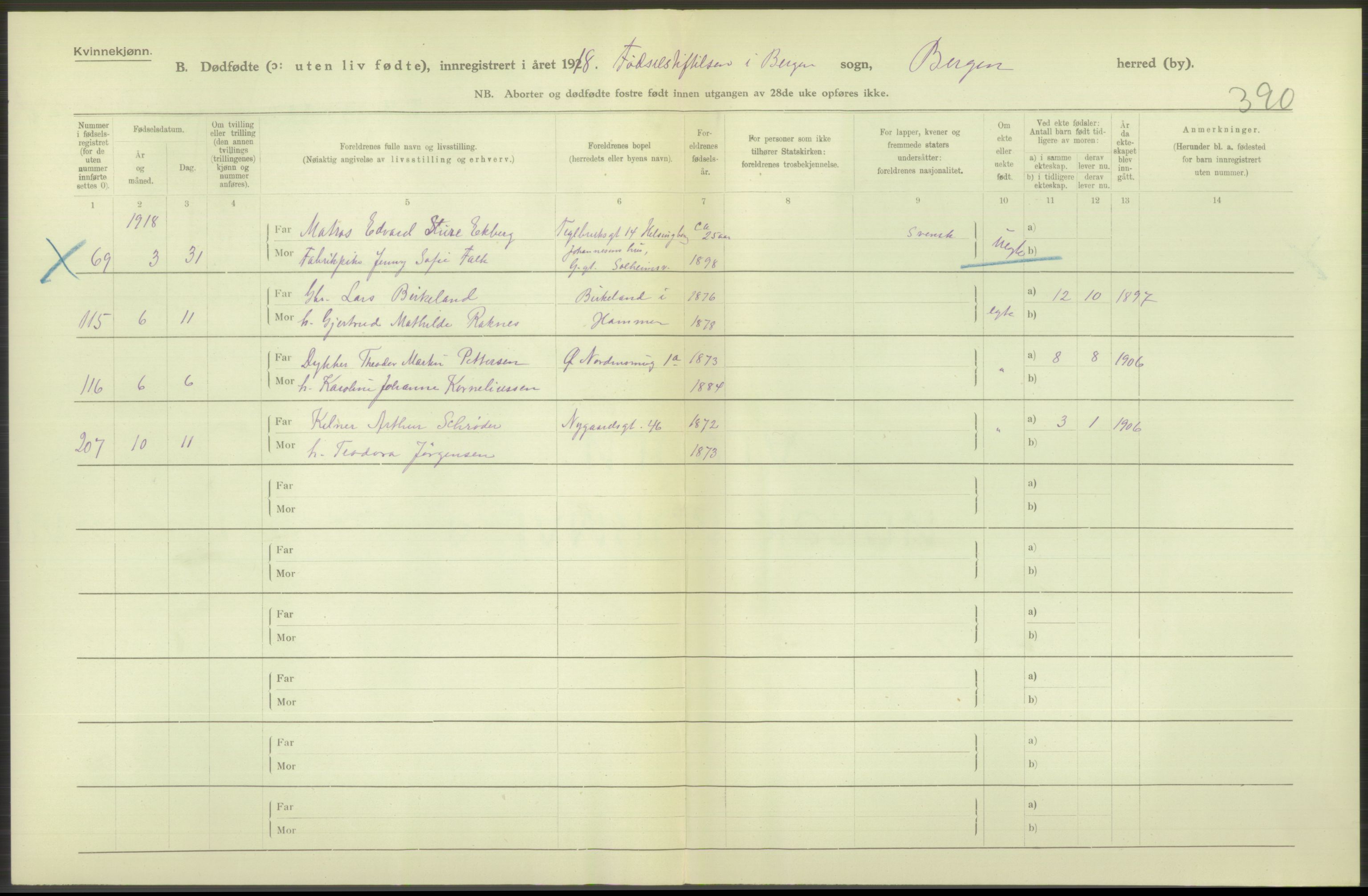 Statistisk sentralbyrå, Sosiodemografiske emner, Befolkning, RA/S-2228/D/Df/Dfb/Dfbh/L0038: Bergen: Gifte, dødfødte., 1918, p. 320