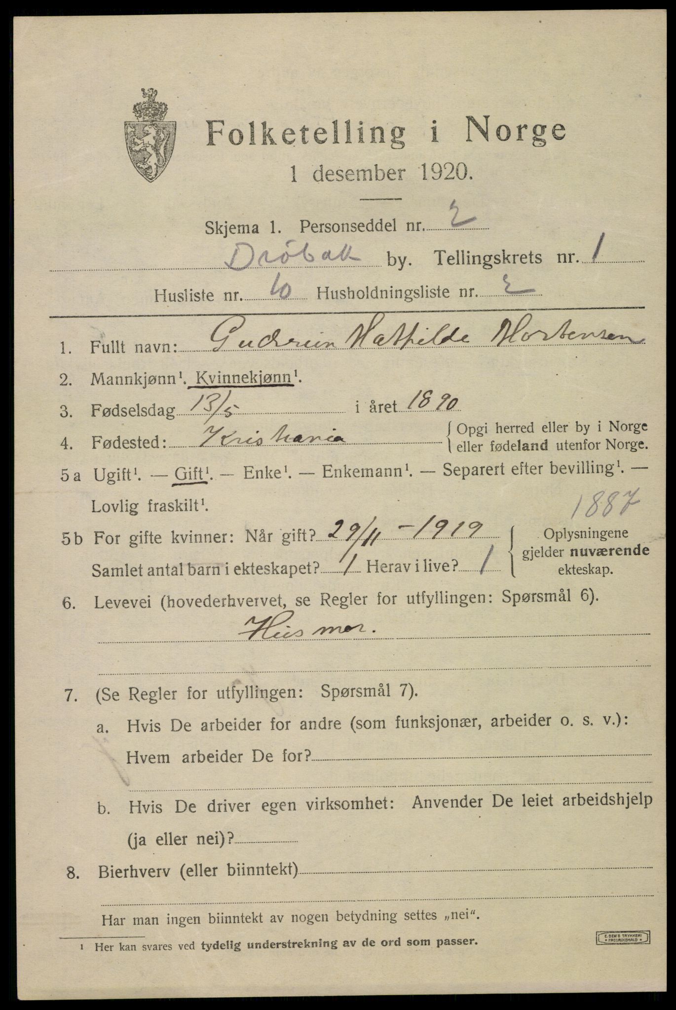 SAO, 1920 census for Drøbak, 1920, p. 2105