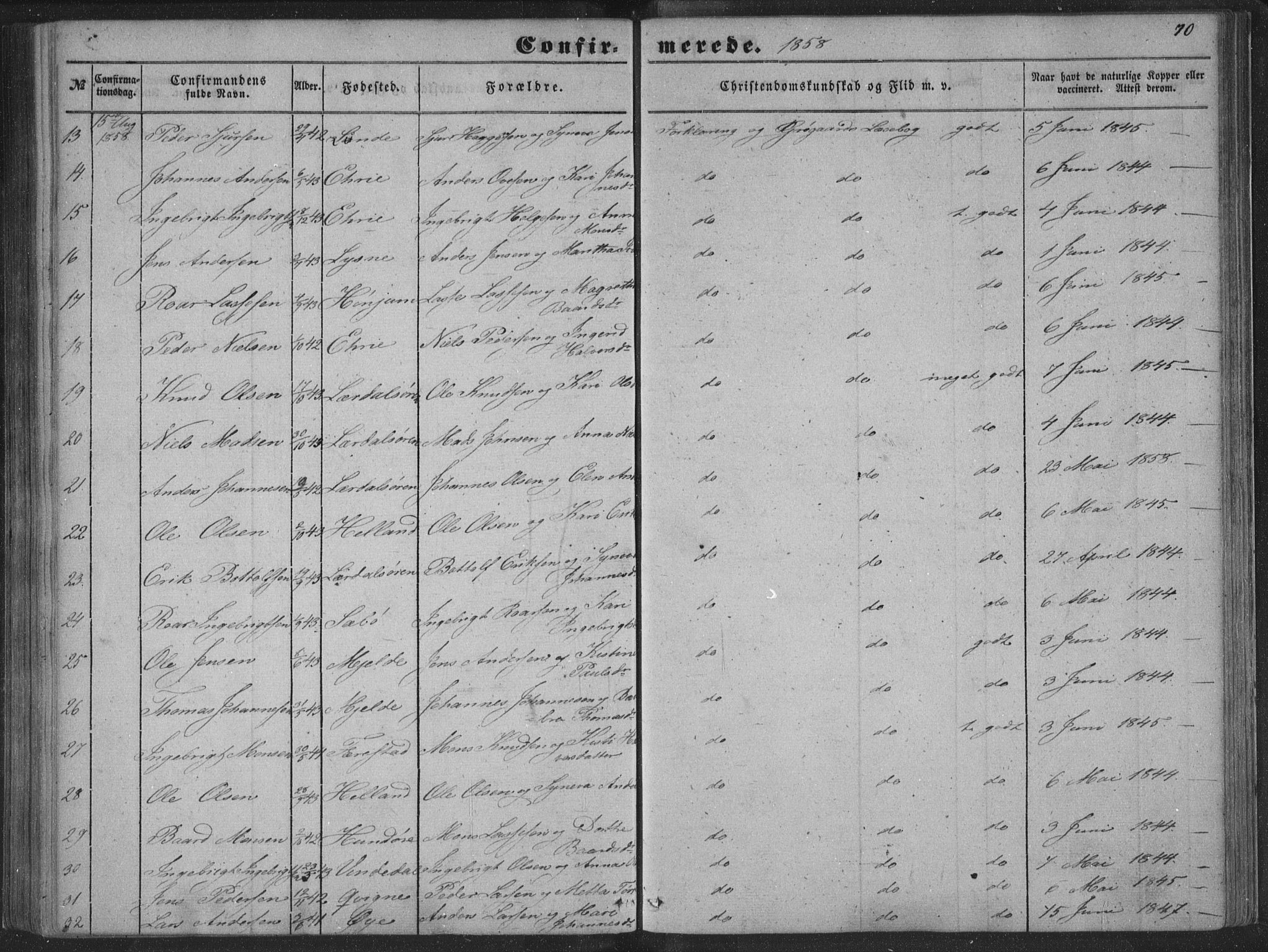 Lærdal sokneprestembete, SAB/A-81201: Parish register (official) no. A 13, 1847-1864, p. 70