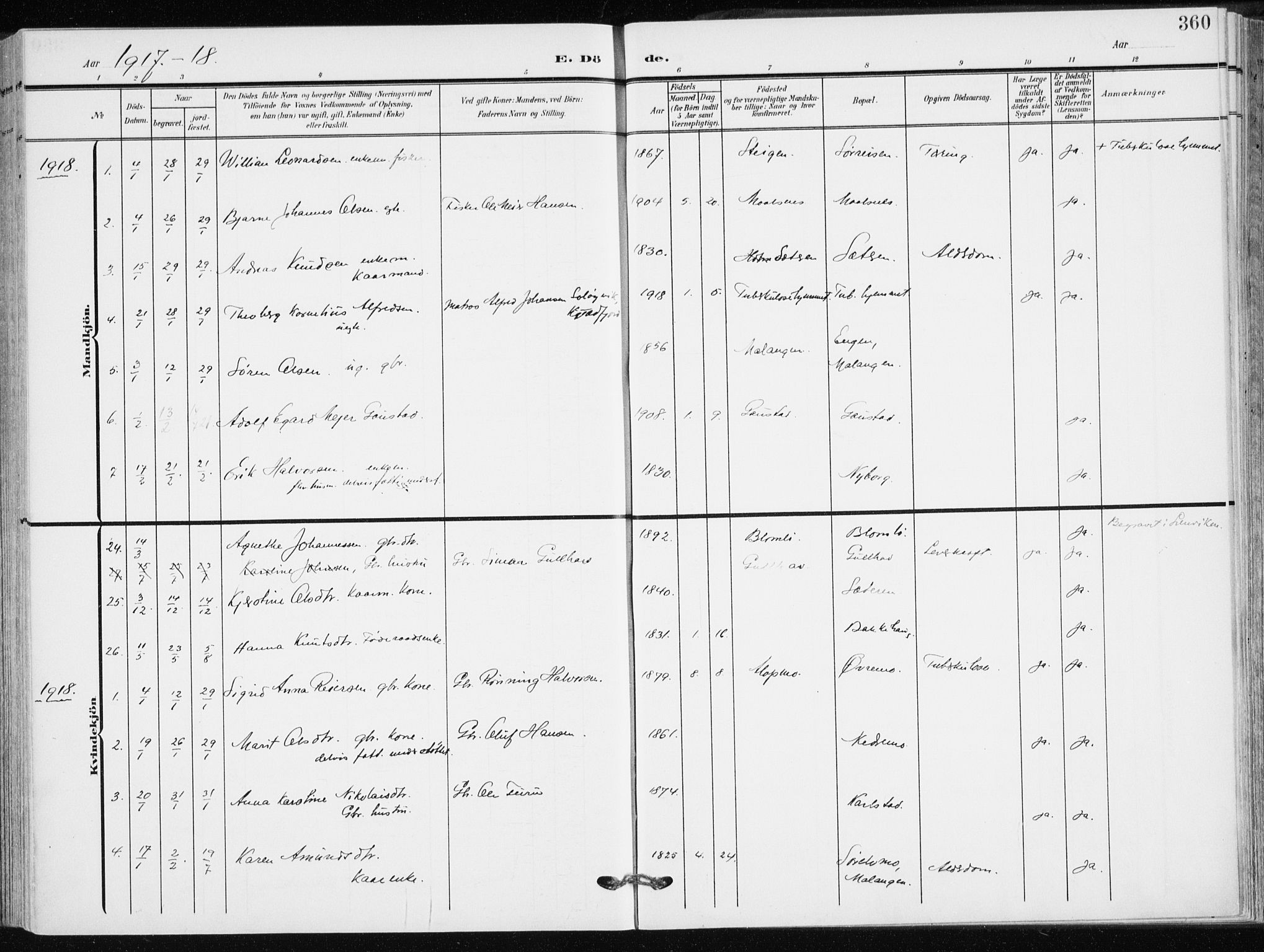 Målselv sokneprestembete, AV/SATØ-S-1311/G/Ga/Gaa/L0011kirke: Parish register (official) no. 11, 1904-1918, p. 360