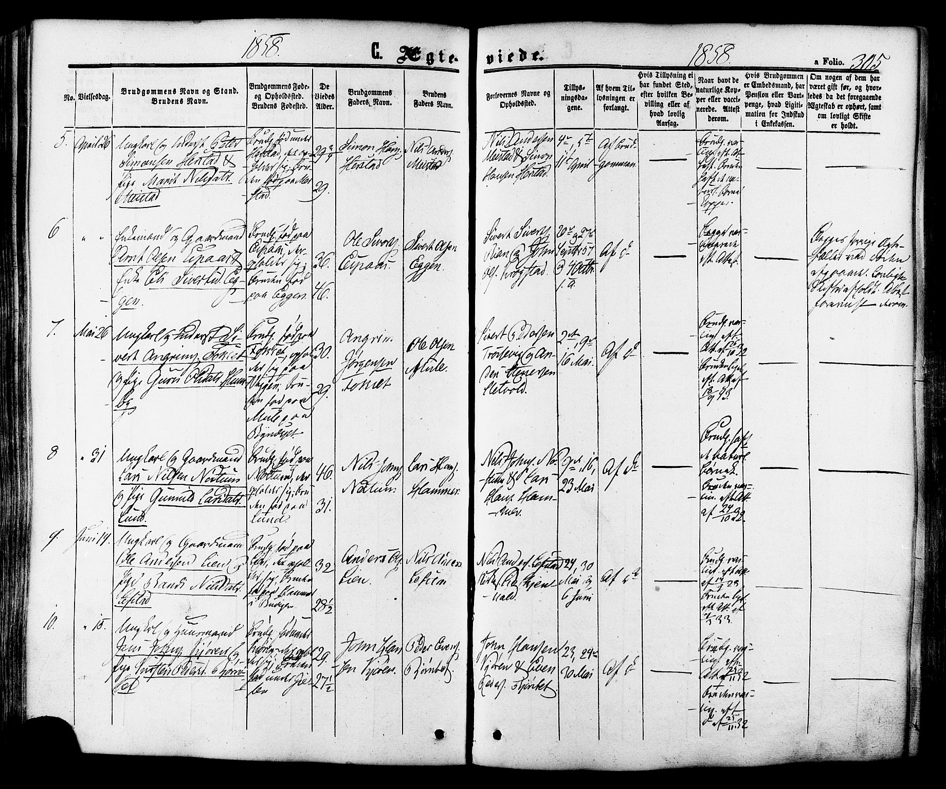 Ministerialprotokoller, klokkerbøker og fødselsregistre - Sør-Trøndelag, SAT/A-1456/665/L0772: Parish register (official) no. 665A07, 1856-1878, p. 305