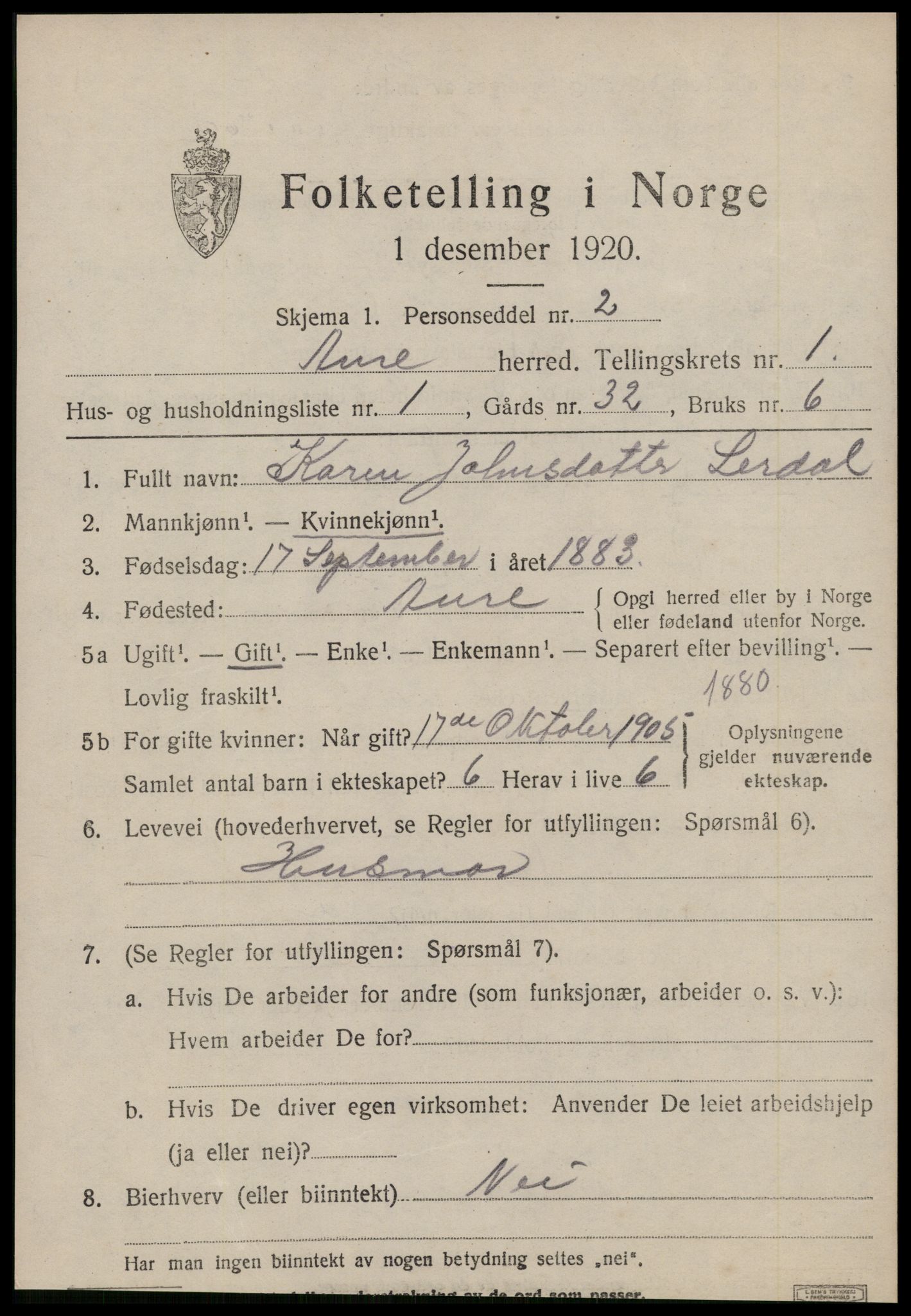 SAT, 1920 census for Aure, 1920, p. 930