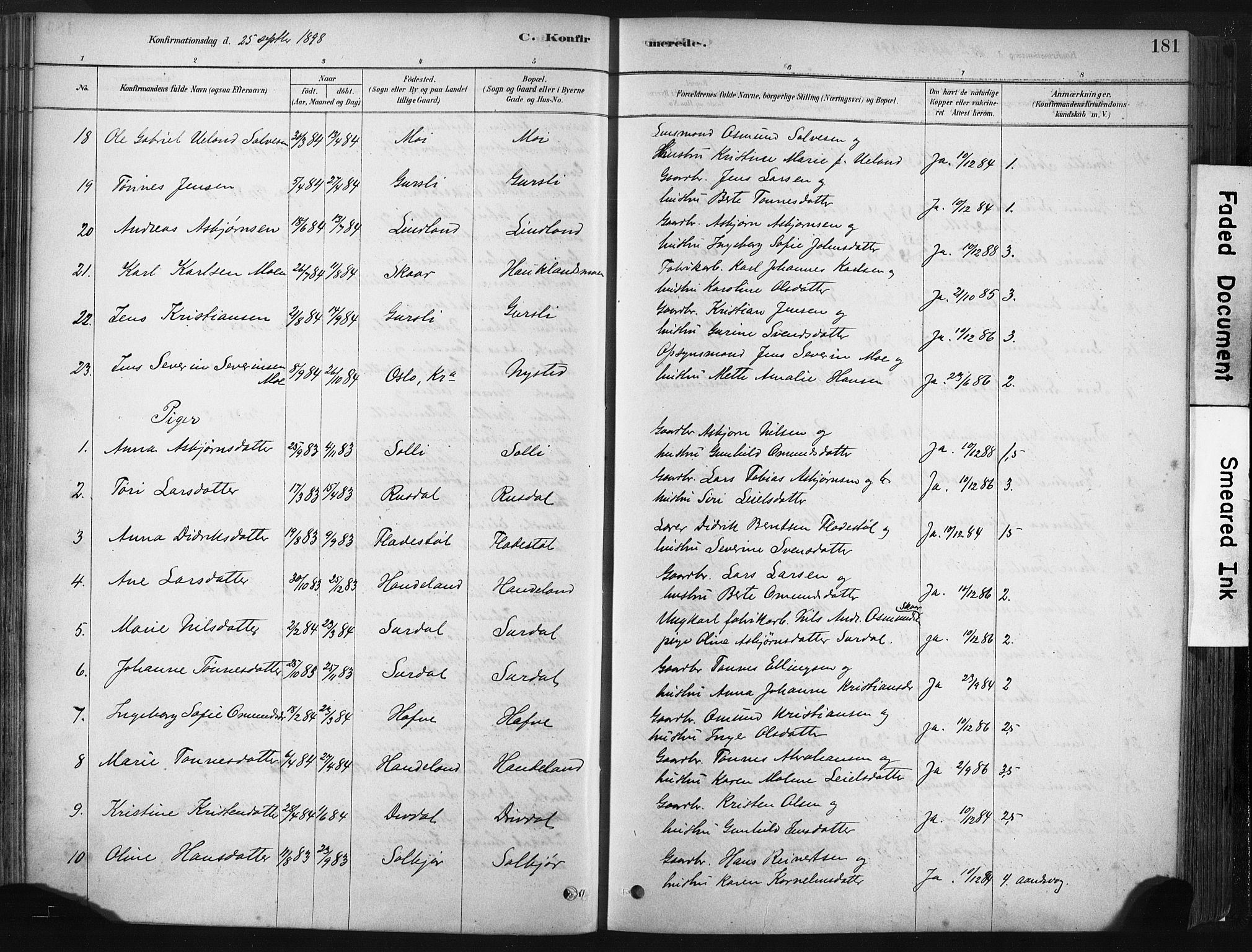 Lund sokneprestkontor, AV/SAST-A-101809/S06/L0011: Parish register (official) no. A 10, 1877-1904, p. 181