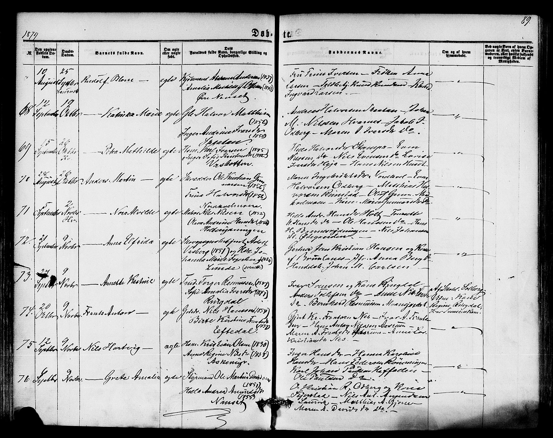 Hedrum kirkebøker, AV/SAKO-A-344/F/Fa/L0008: Parish register (official) no. I 8, 1869-1880, p. 89