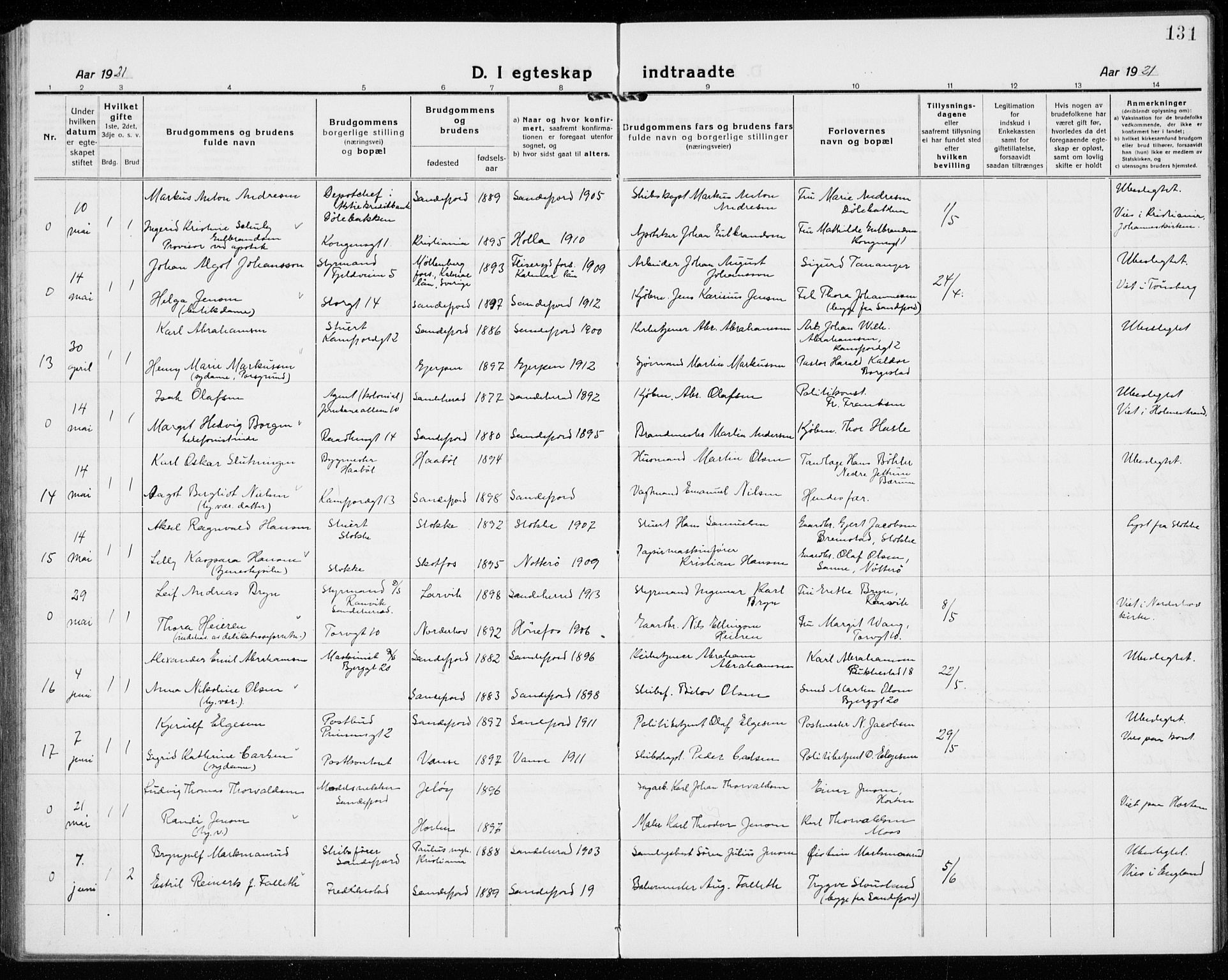 Sandefjord kirkebøker, AV/SAKO-A-315/G/Ga/L0004: Parish register (copy) no. 4, 1920-1931, p. 131