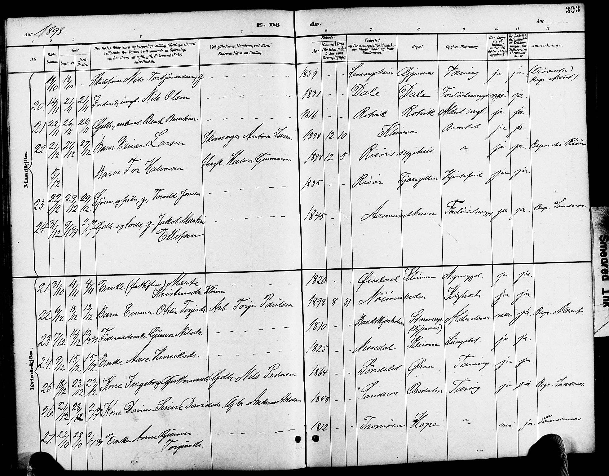 Søndeled sokneprestkontor, AV/SAK-1111-0038/F/Fa/L0005: Parish register (official) no. A 5, 1889-1899, p. 303