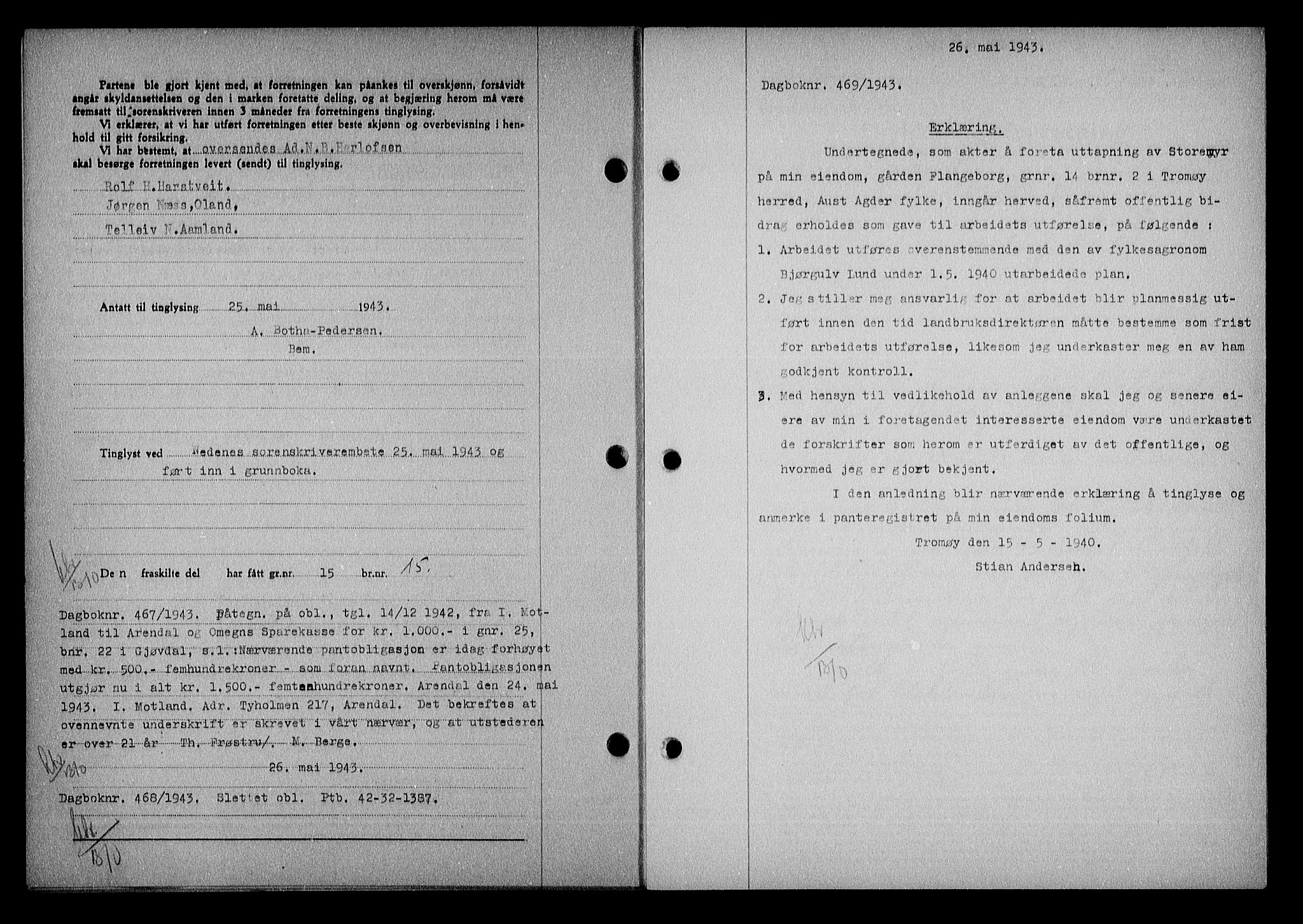 Nedenes sorenskriveri, SAK/1221-0006/G/Gb/Gba/L0050: Mortgage book no. A-IV, 1942-1943, Diary no: : 469/1943