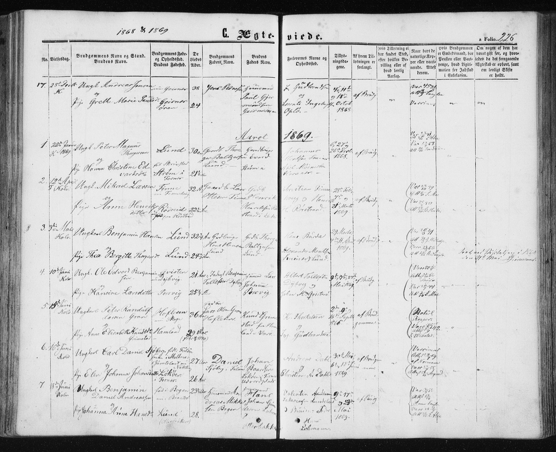 Ministerialprotokoller, klokkerbøker og fødselsregistre - Nord-Trøndelag, AV/SAT-A-1458/780/L0641: Parish register (official) no. 780A06, 1857-1874, p. 226