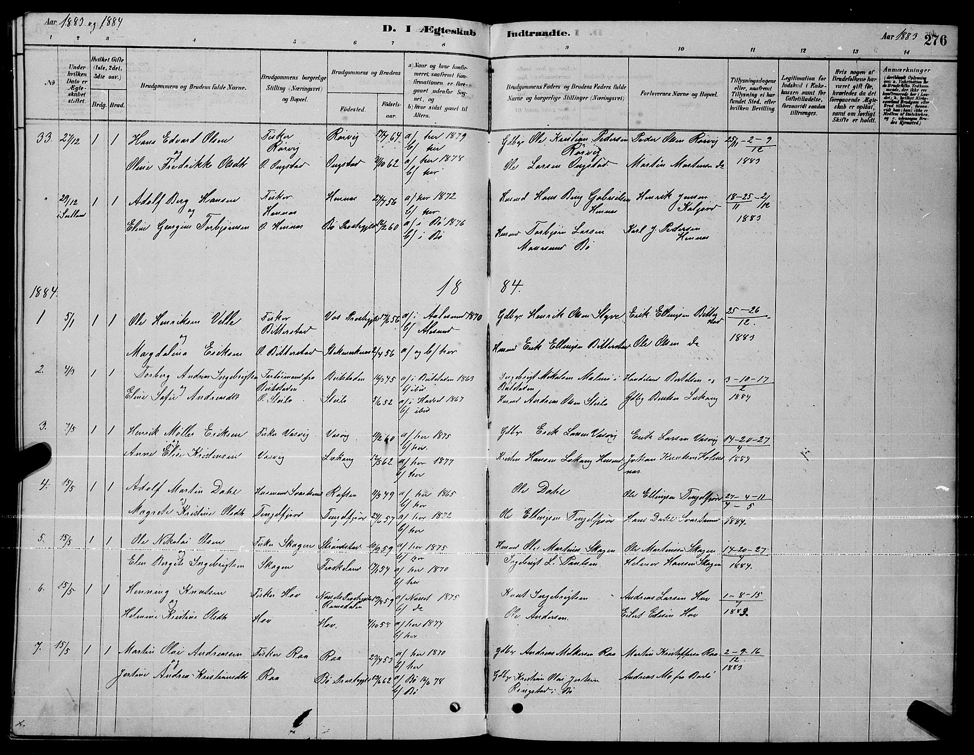 Ministerialprotokoller, klokkerbøker og fødselsregistre - Nordland, AV/SAT-A-1459/888/L1267: Parish register (copy) no. 888C05, 1878-1890, p. 276