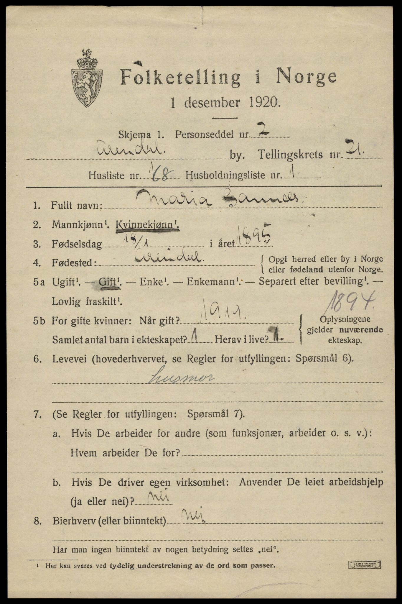 SAK, 1920 census for Arendal, 1920, p. 28116