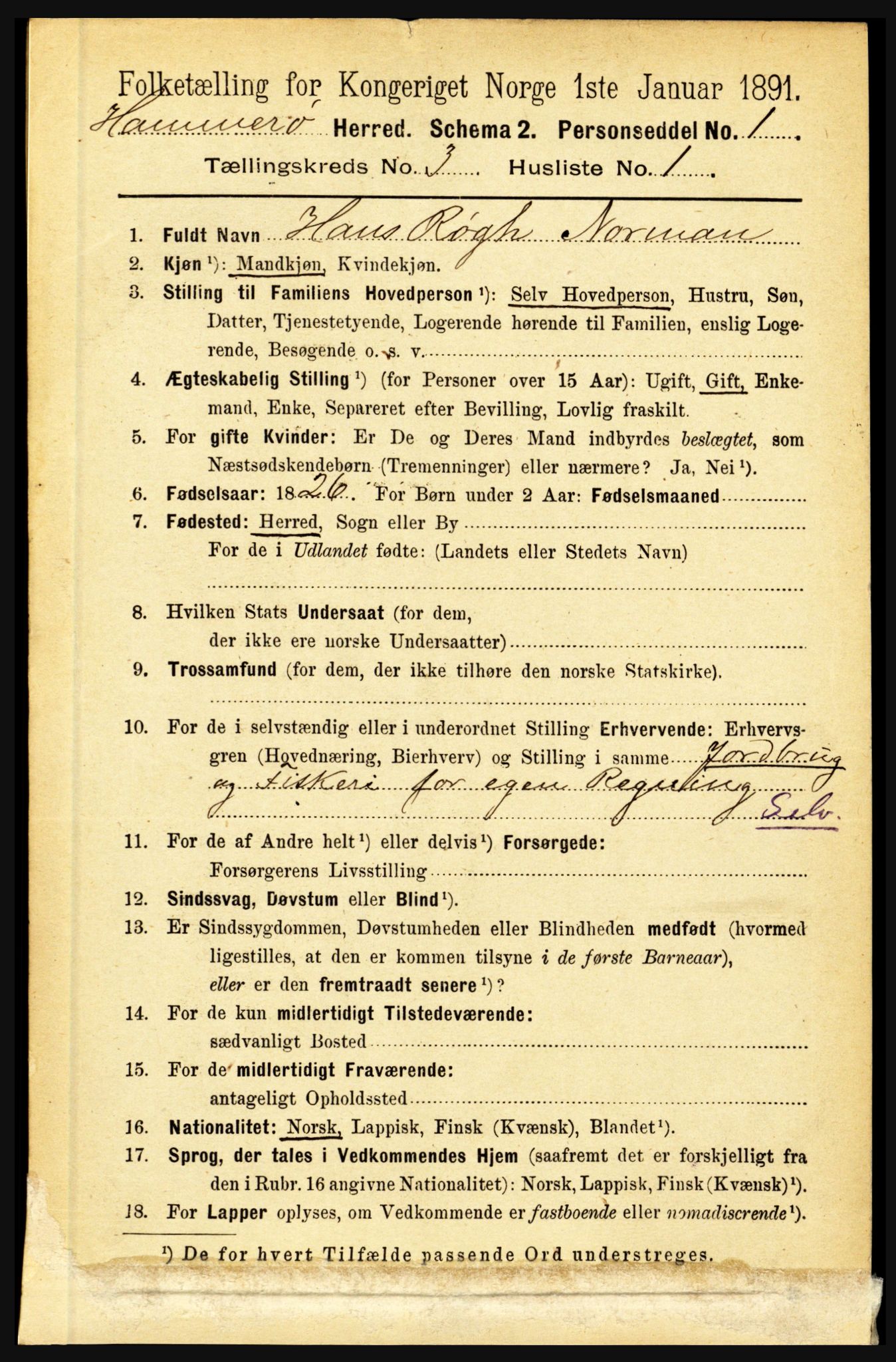 RA, 1891 census for 1849 Hamarøy, 1891, p. 1253