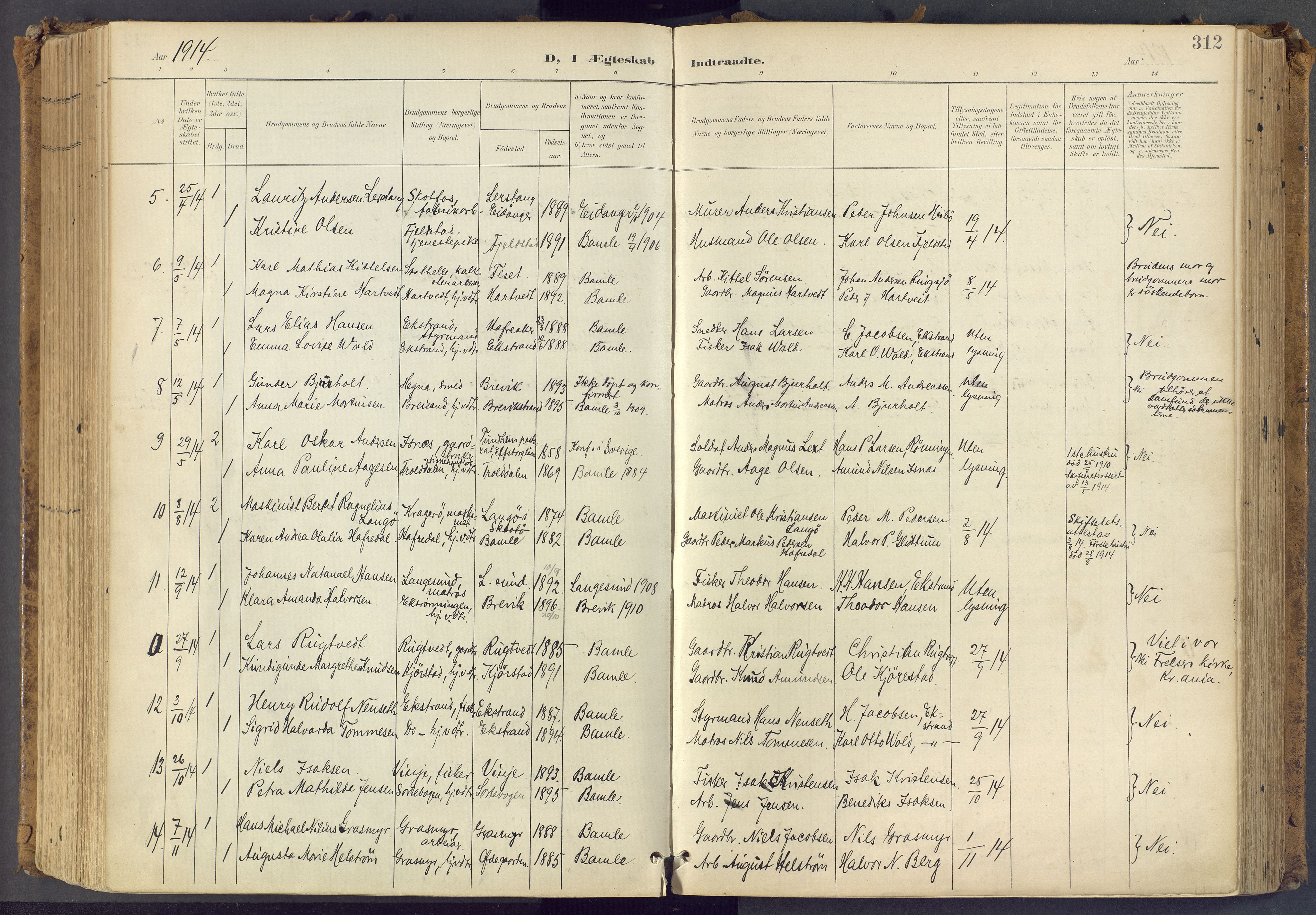 Bamble kirkebøker, SAKO/A-253/F/Fa/L0009: Parish register (official) no. I 9, 1901-1917, p. 312