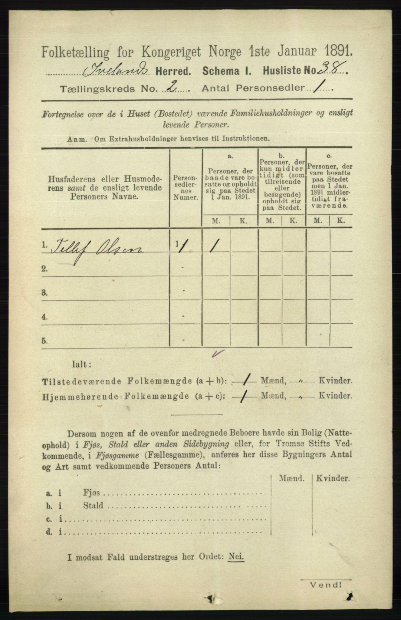 RA, 1891 census for 0935 Iveland, 1891, p. 403