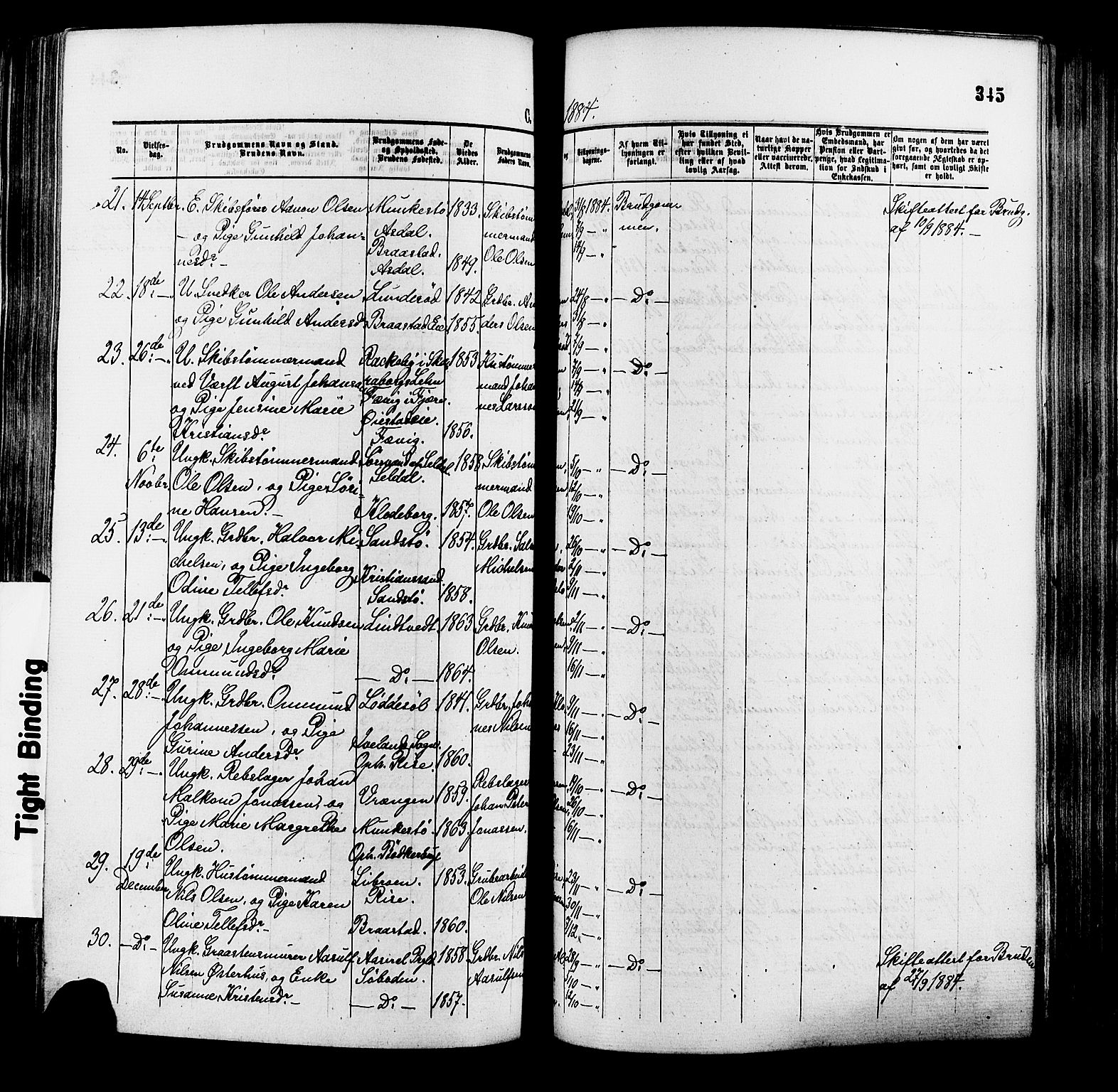 Øyestad sokneprestkontor, SAK/1111-0049/F/Fa/L0016: Parish register (official) no. A 16, 1874-1886, p. 345