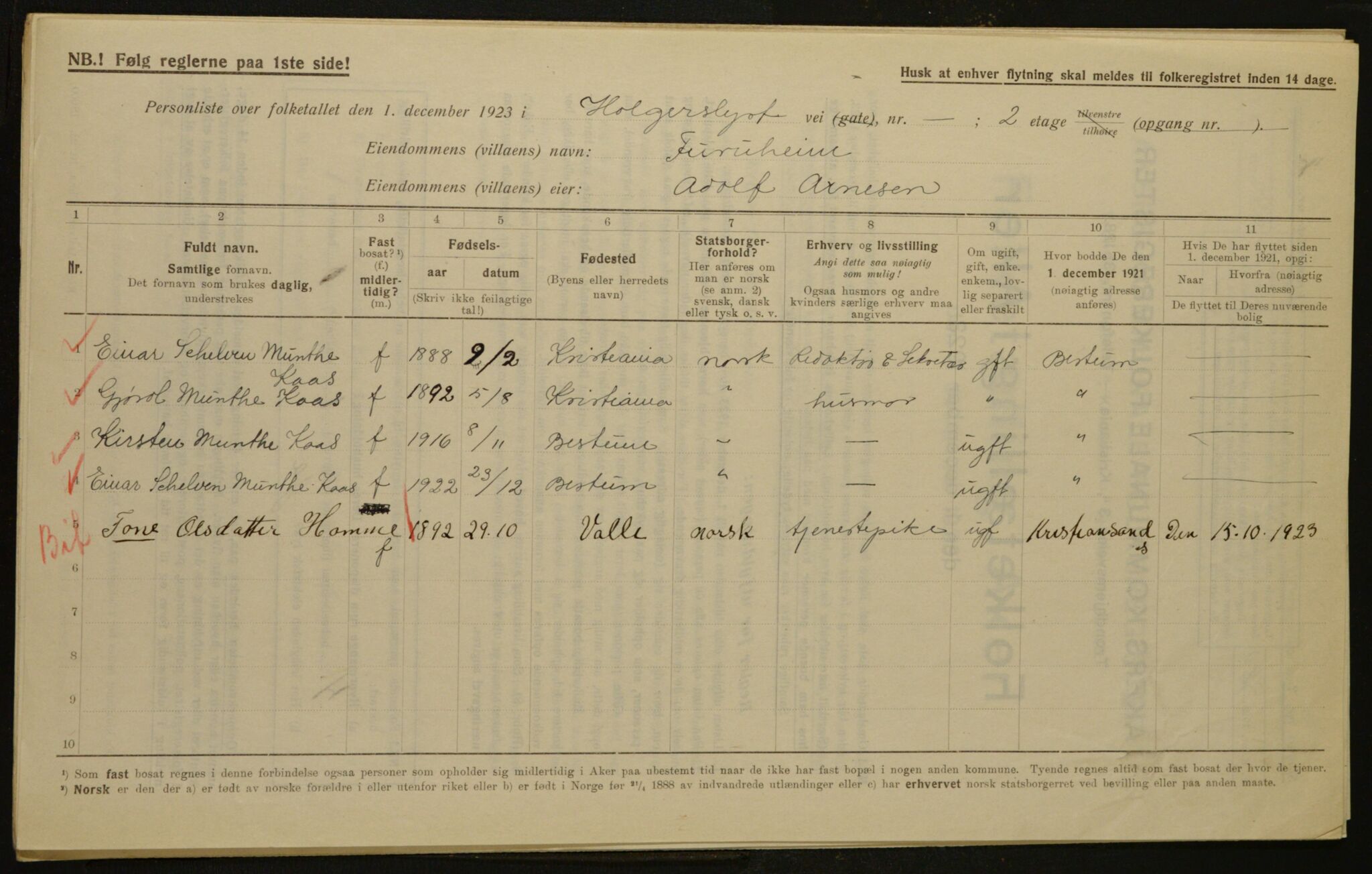 , Municipal Census 1923 for Aker, 1923, p. 2615