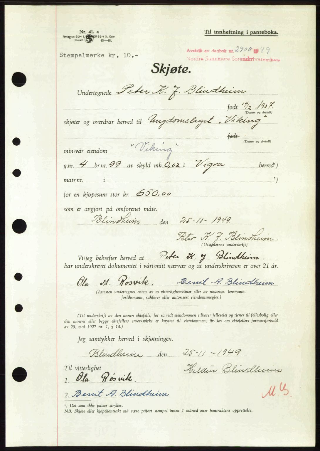 Nordre Sunnmøre sorenskriveri, AV/SAT-A-0006/1/2/2C/2Ca: Mortgage book no. A33, 1949-1950, Diary no: : 2900/1949