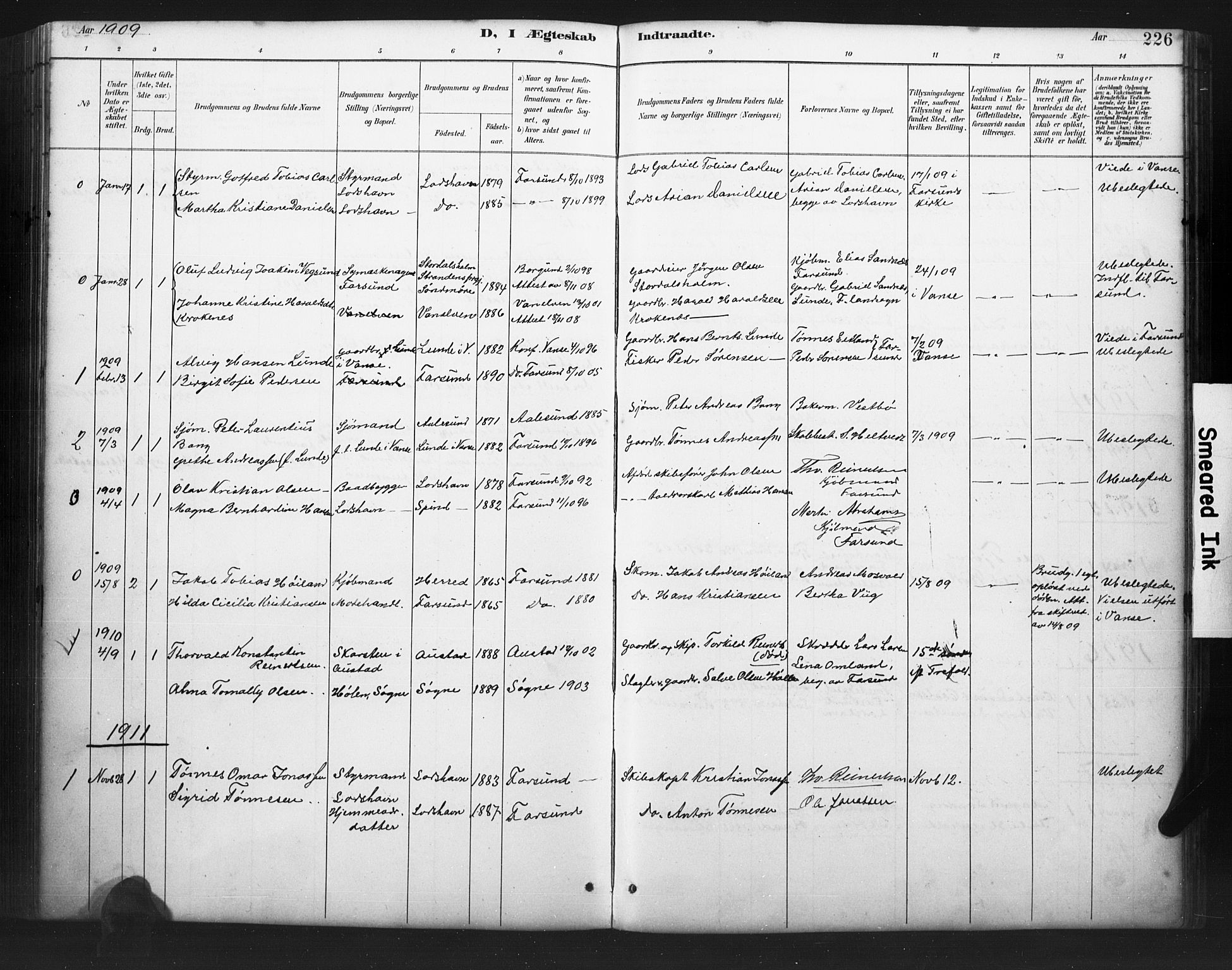 Farsund sokneprestkontor, AV/SAK-1111-0009/F/Fb/L0001: Parish register (copy) no. B 1, 1886-1931, p. 226