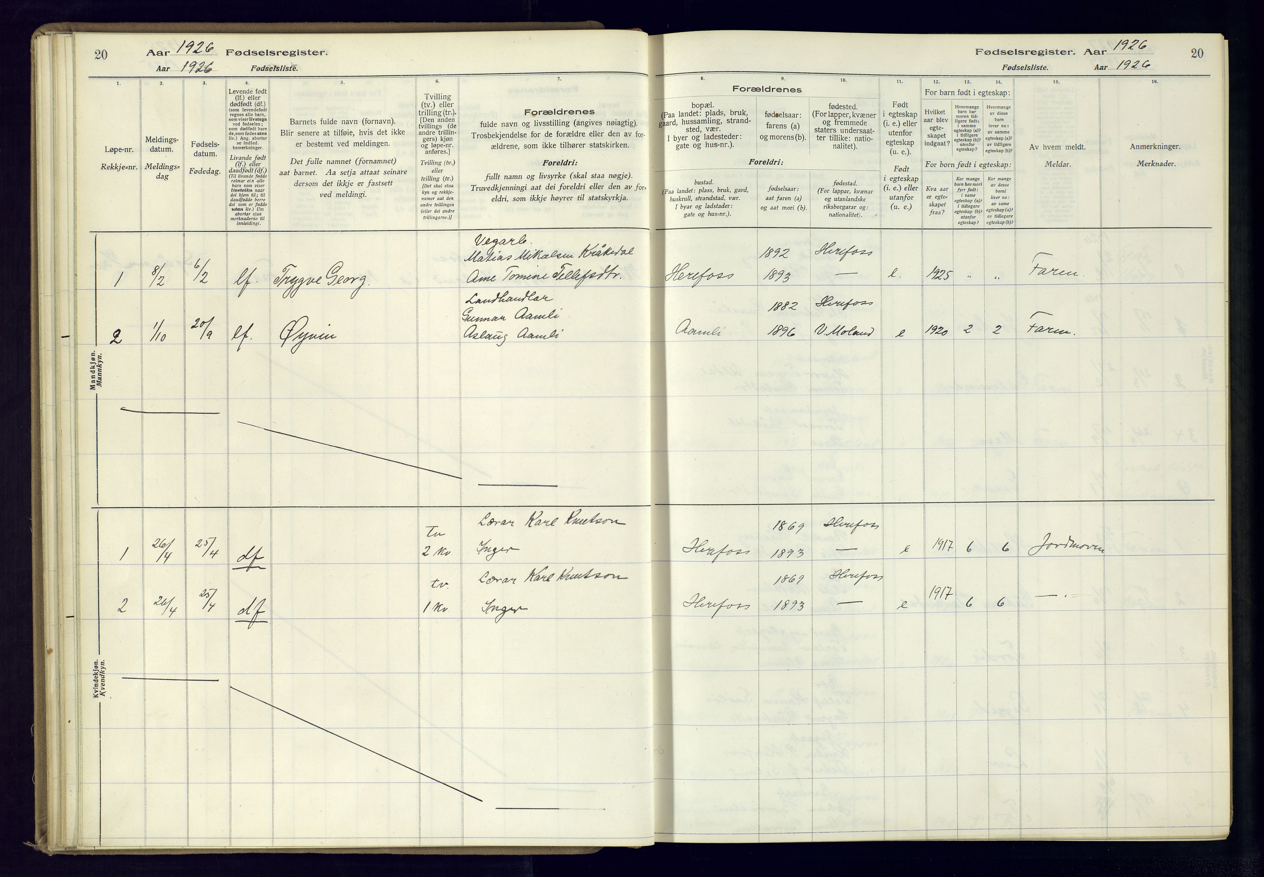 Herefoss sokneprestkontor, AV/SAK-1111-0019/J/Ja/L0001: Birth register no. II.6.10, 1916-1982, p. 20