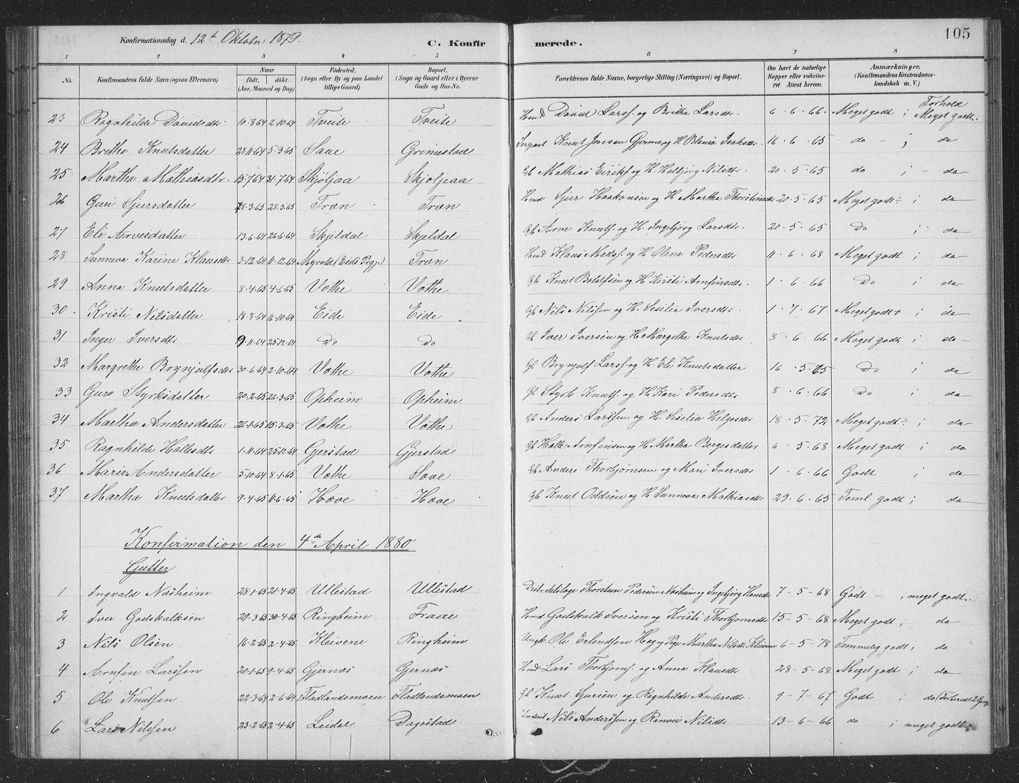 Voss sokneprestembete, SAB/A-79001/H/Hab: Parish register (copy) no. B 3, 1879-1894, p. 105