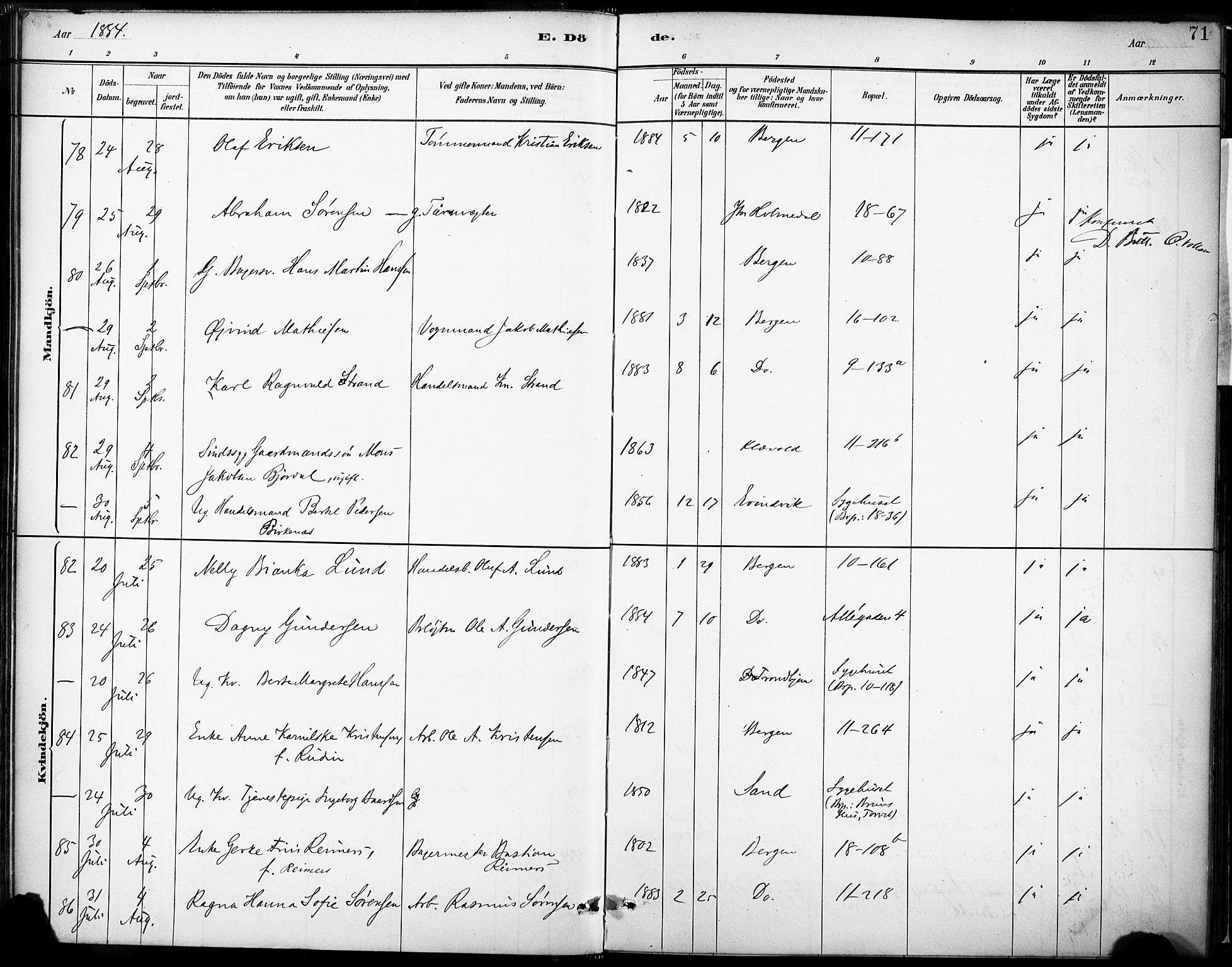 Domkirken sokneprestembete, AV/SAB-A-74801/H/Haa/L0043: Parish register (official) no. E 5, 1882-1904, p. 71