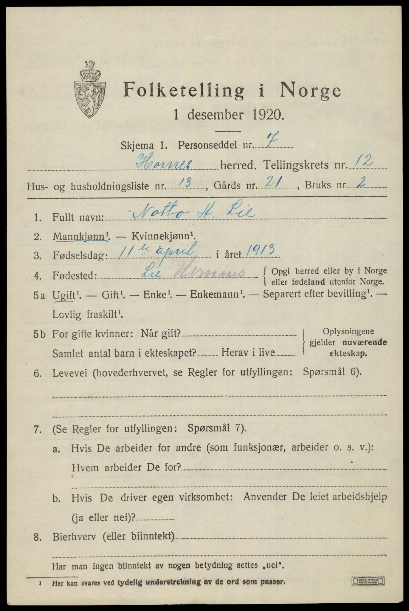 SAK, 1920 census for Hornnes, 1920, p. 3039