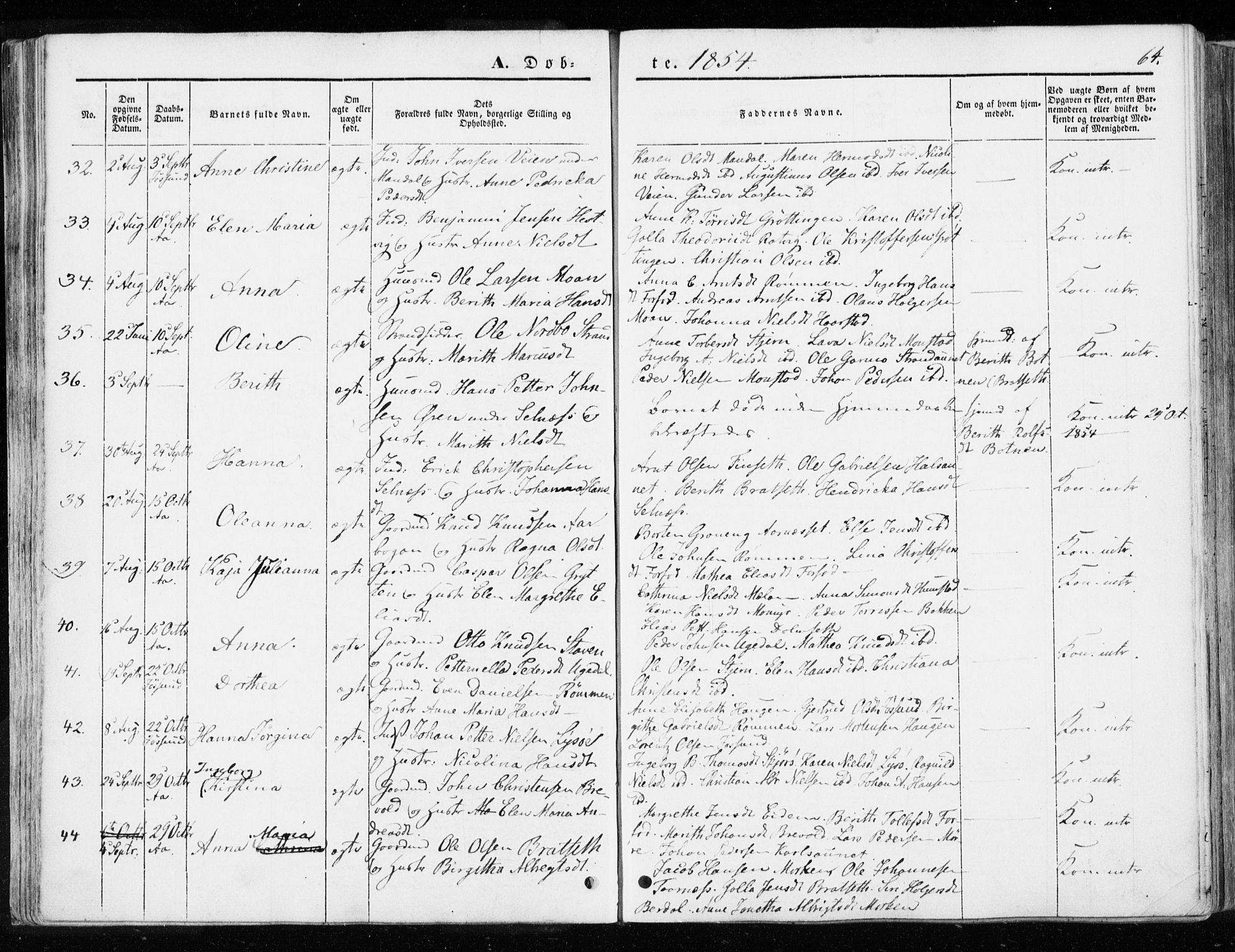 Ministerialprotokoller, klokkerbøker og fødselsregistre - Sør-Trøndelag, SAT/A-1456/655/L0677: Parish register (official) no. 655A06, 1847-1860, p. 64