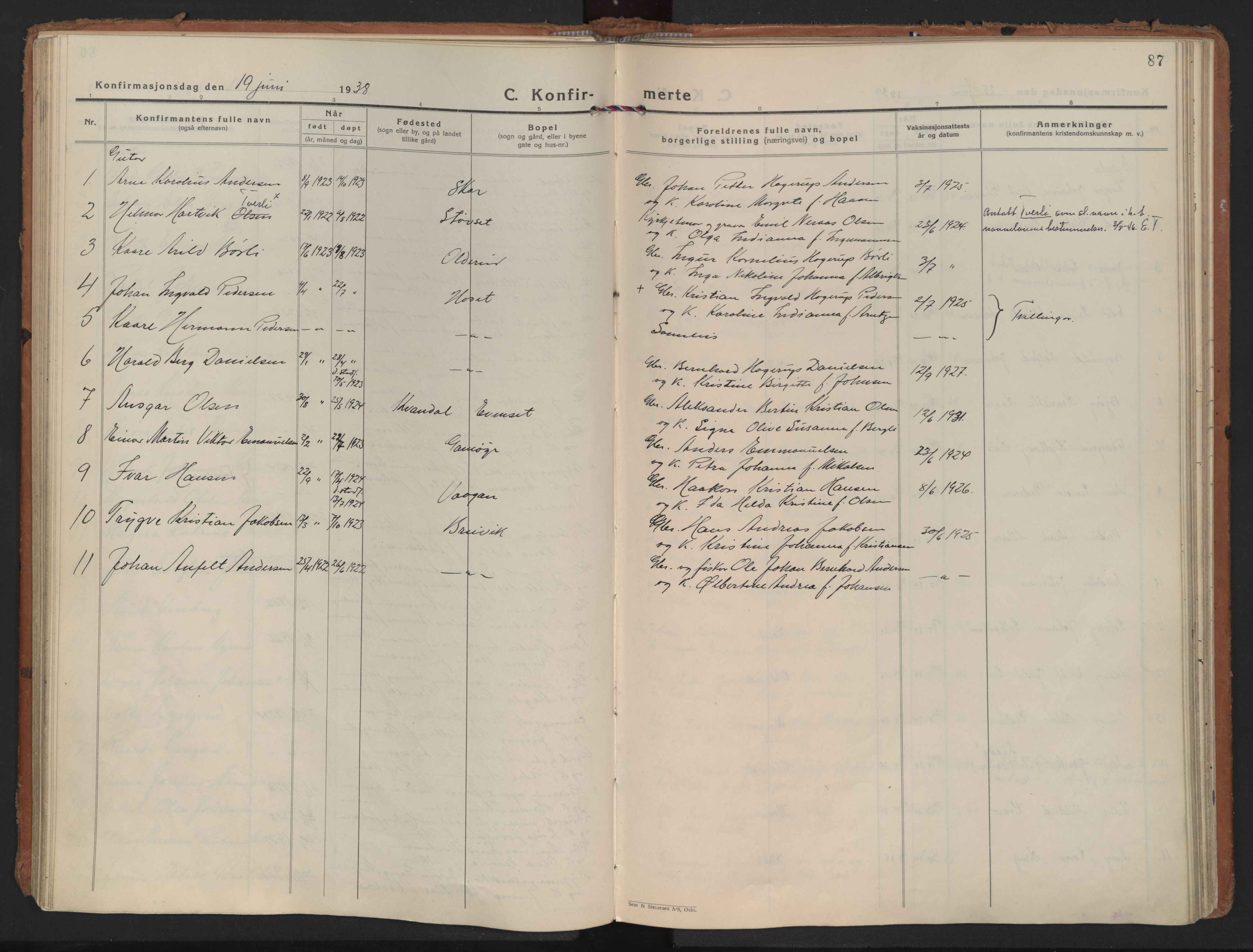 Ministerialprotokoller, klokkerbøker og fødselsregistre - Nordland, AV/SAT-A-1459/852/L0749: Parish register (official) no. 852A19, 1933-1951, p. 87