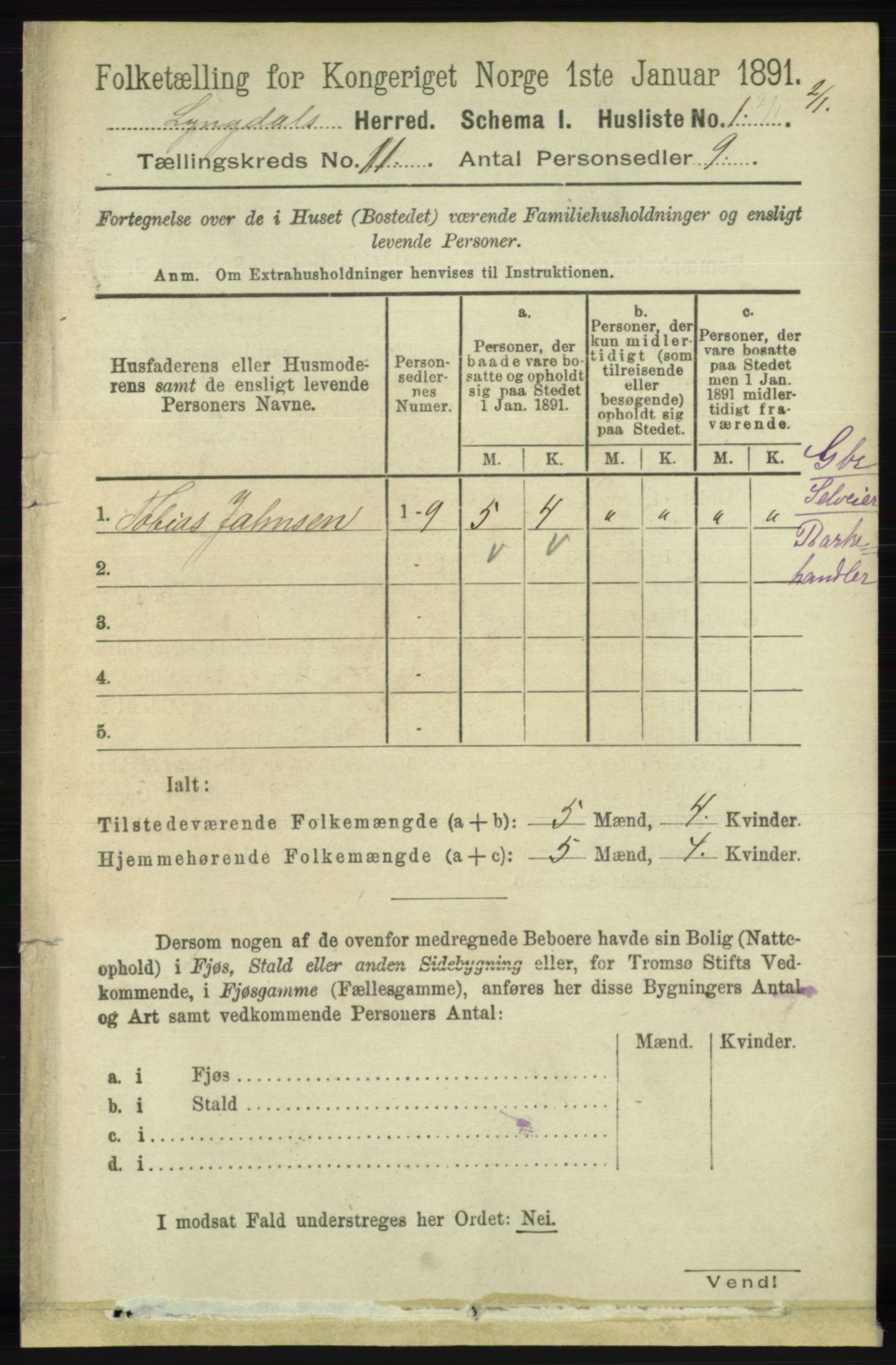 RA, 1891 census for 1032 Lyngdal, 1891, p. 4732
