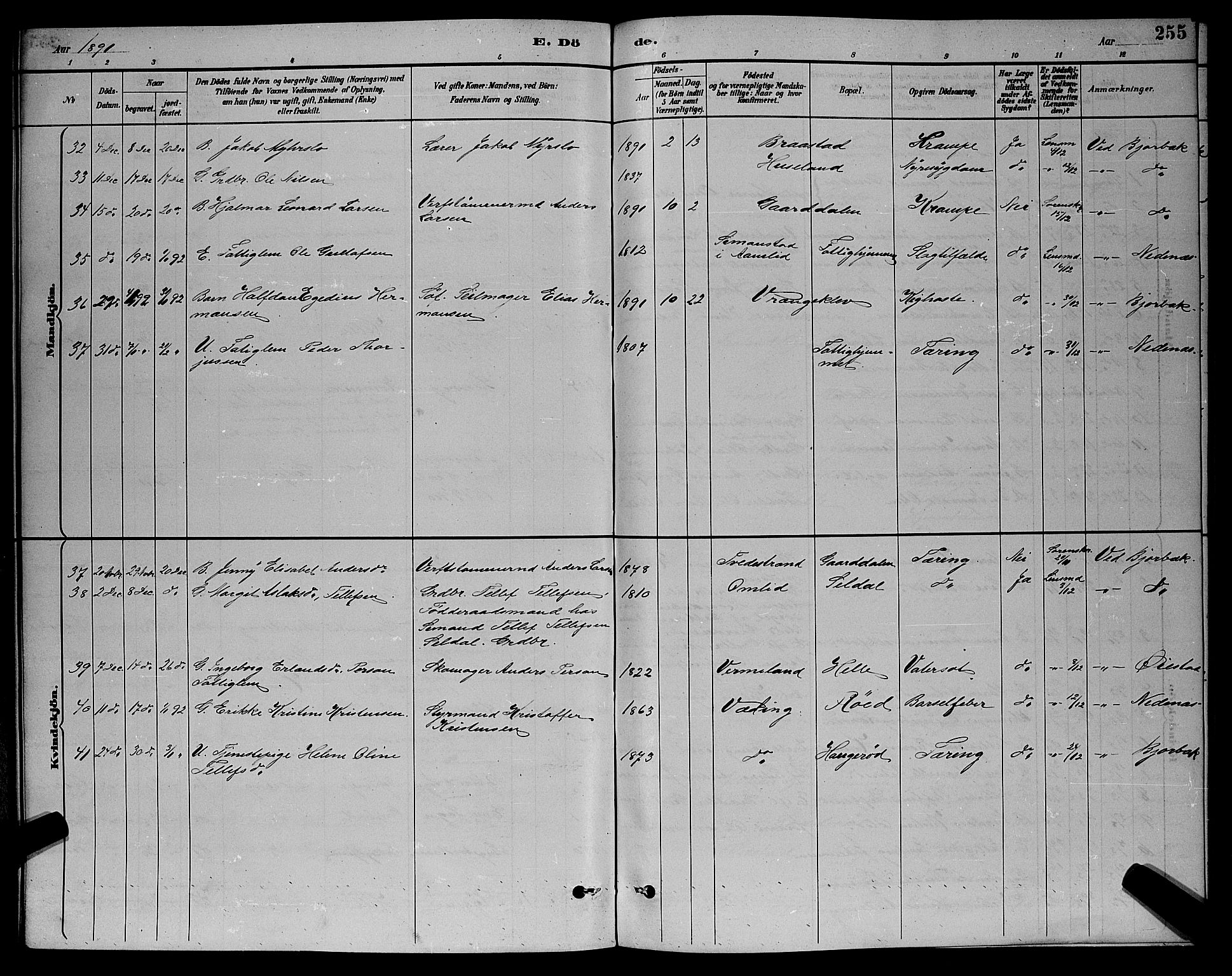 Øyestad sokneprestkontor, AV/SAK-1111-0049/F/Fb/L0009: Parish register (copy) no. B 9, 1886-1896, p. 255