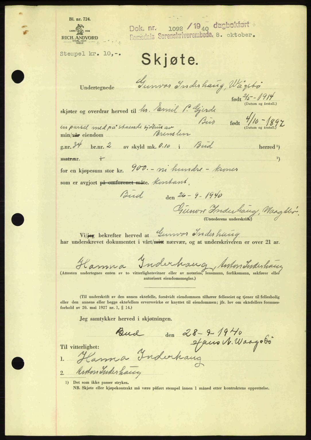 Romsdal sorenskriveri, AV/SAT-A-4149/1/2/2C: Mortgage book no. A8, 1939-1940, Diary no: : 1092/1940