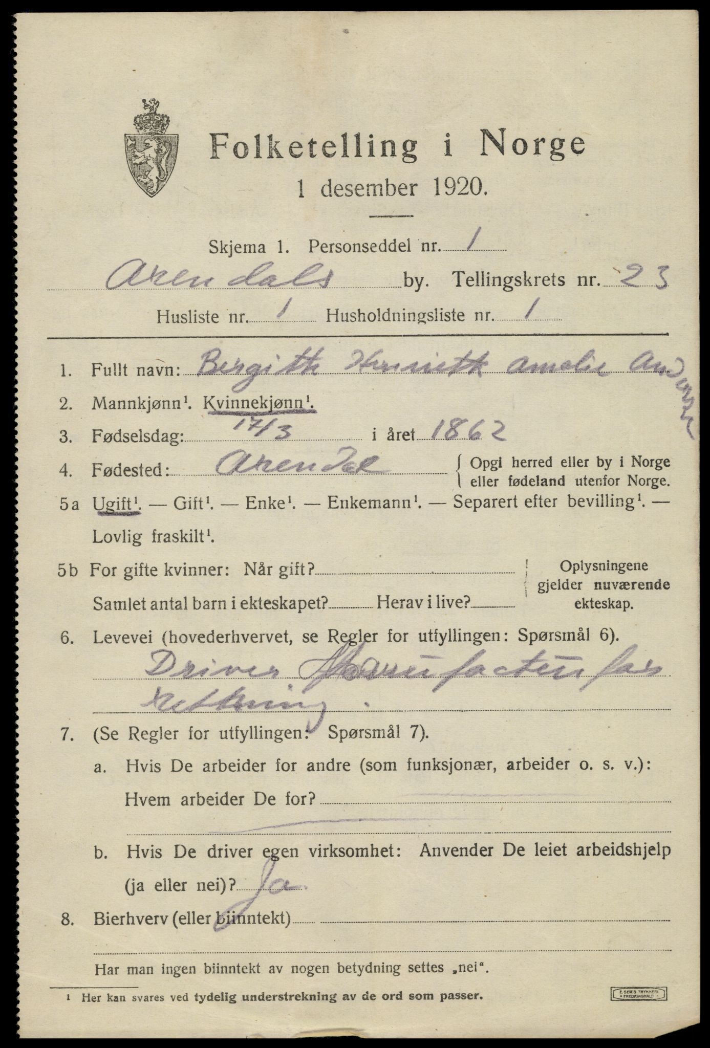 SAK, 1920 census for Arendal, 1920, p. 28970