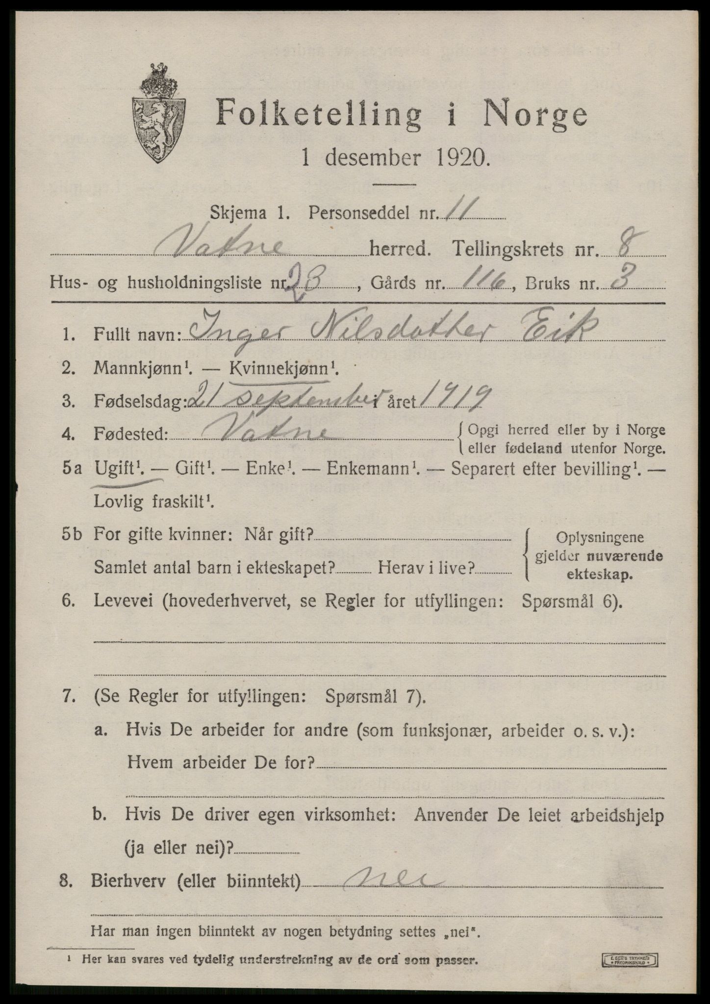 SAT, 1920 census for Vatne, 1920, p. 3660