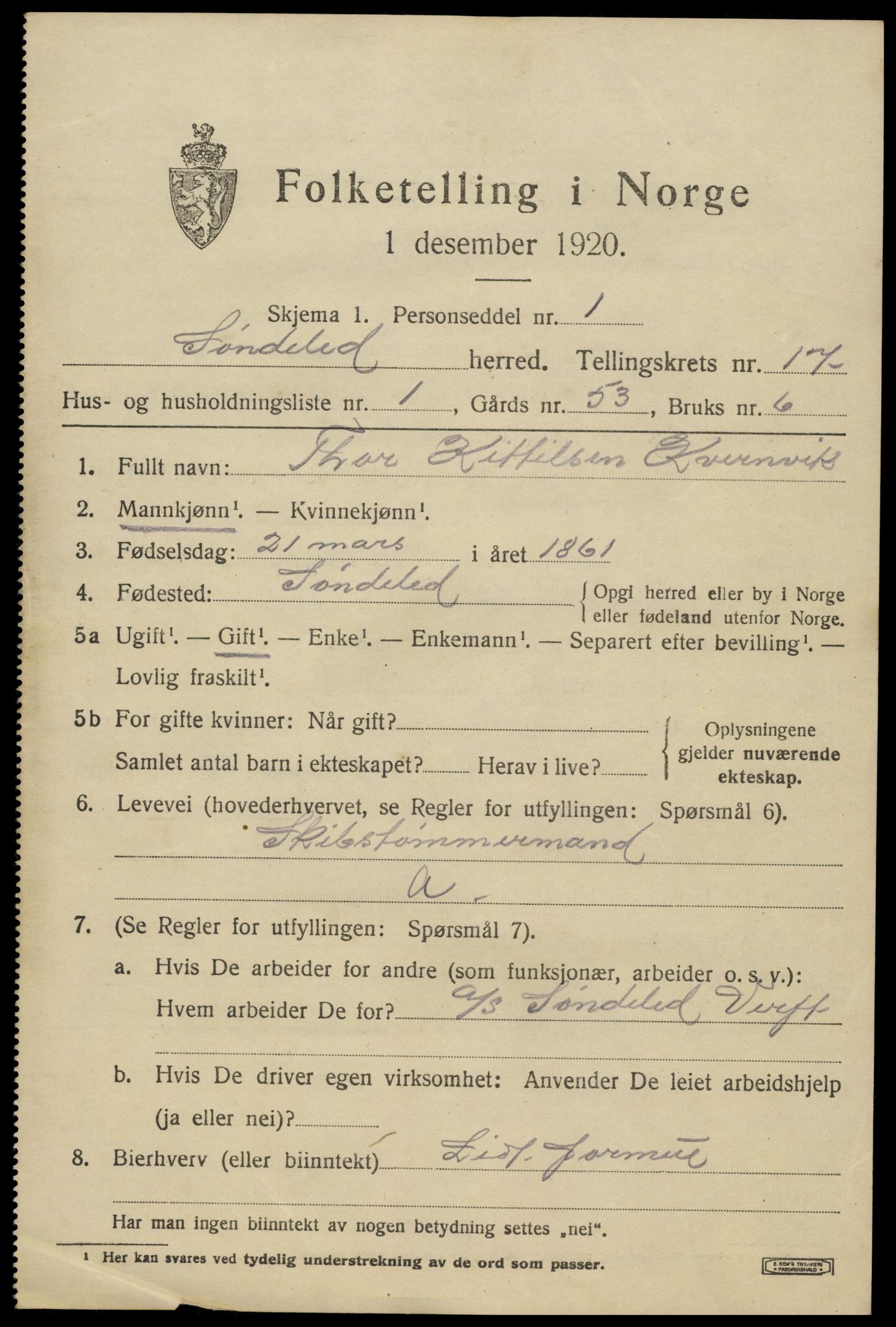 SAK, 1920 census for Søndeled, 1920, p. 7313