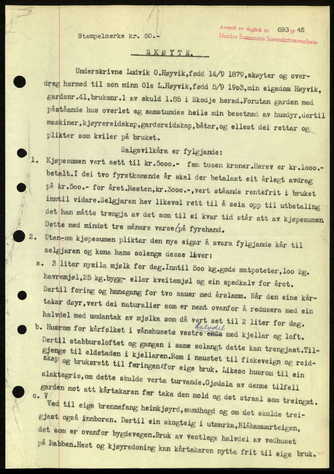 Nordre Sunnmøre sorenskriveri, AV/SAT-A-0006/1/2/2C/2Ca: Mortgage book no. A20a, 1945-1945, Diary no: : 693/1945