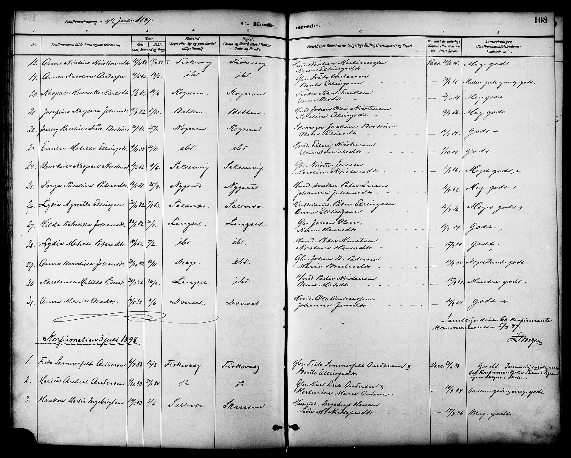 Ministerialprotokoller, klokkerbøker og fødselsregistre - Nordland, AV/SAT-A-1459/847/L0669: Parish register (official) no. 847A09, 1887-1901, p. 168