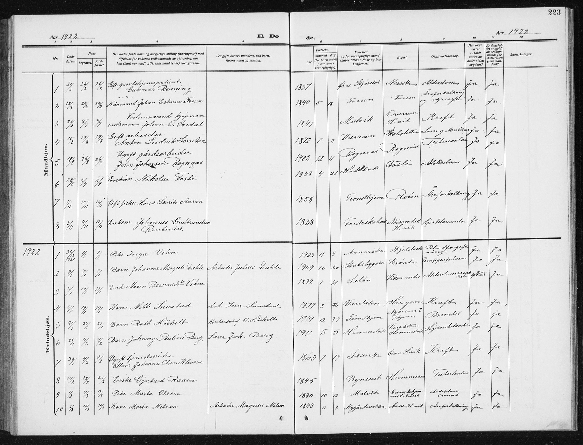 Ministerialprotokoller, klokkerbøker og fødselsregistre - Sør-Trøndelag, SAT/A-1456/617/L0431: Parish register (copy) no. 617C02, 1910-1936, p. 223