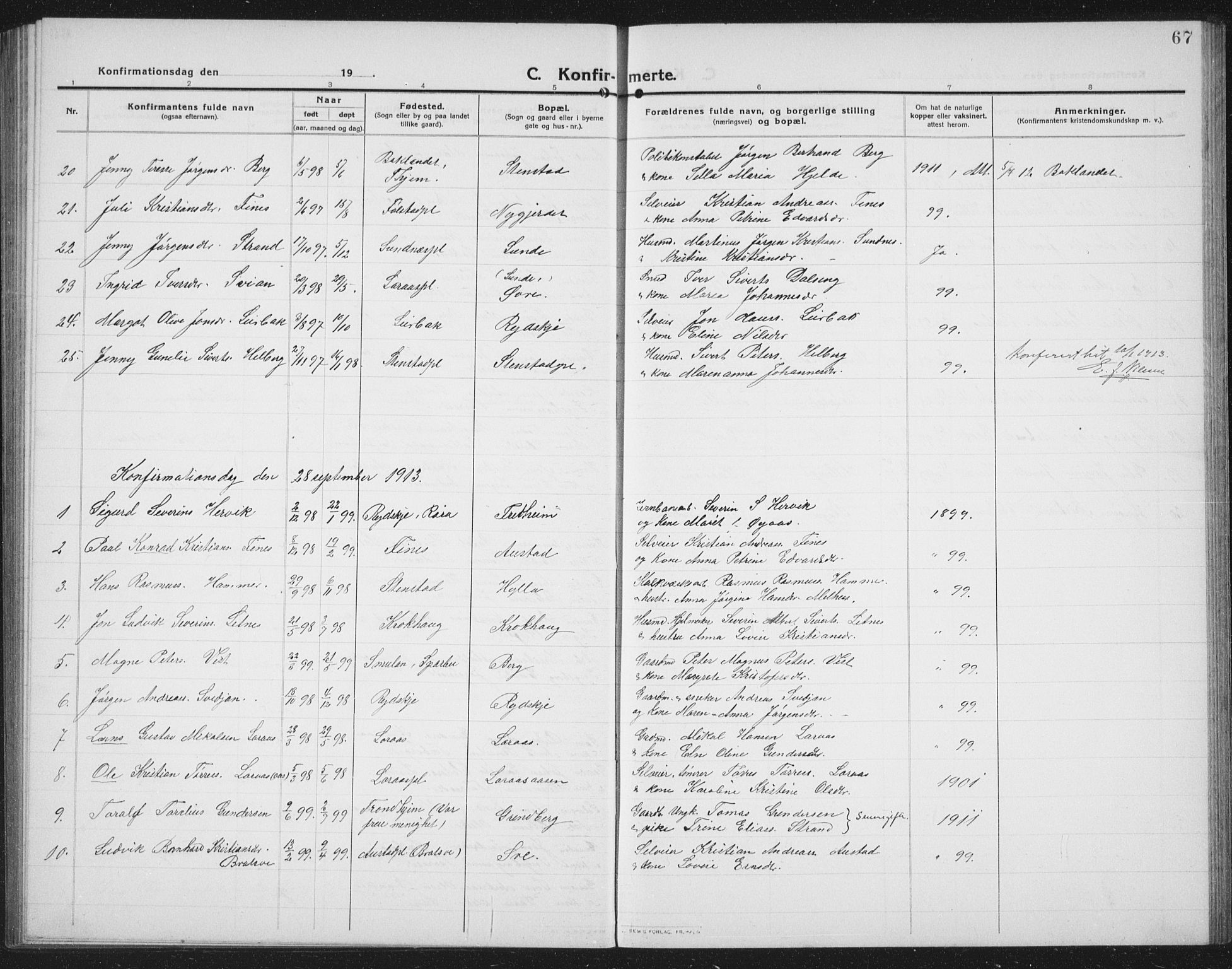 Ministerialprotokoller, klokkerbøker og fødselsregistre - Nord-Trøndelag, SAT/A-1458/731/L0312: Parish register (copy) no. 731C03, 1911-1935, p. 67