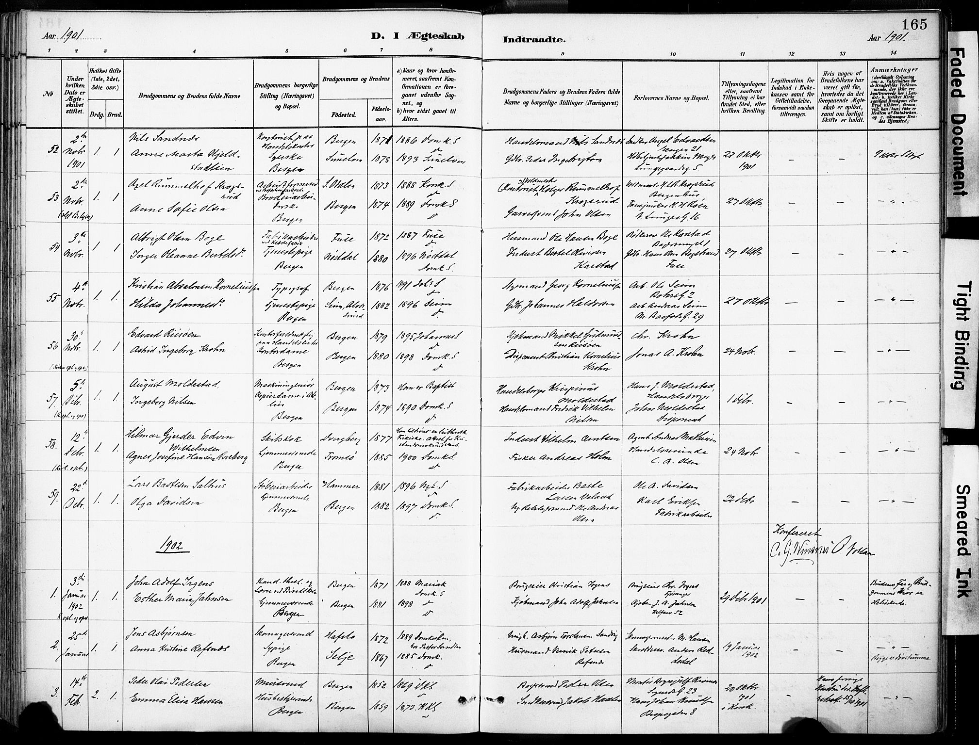 Domkirken sokneprestembete, AV/SAB-A-74801/H/Haa/L0037: Parish register (official) no. D 4, 1880-1907, p. 165