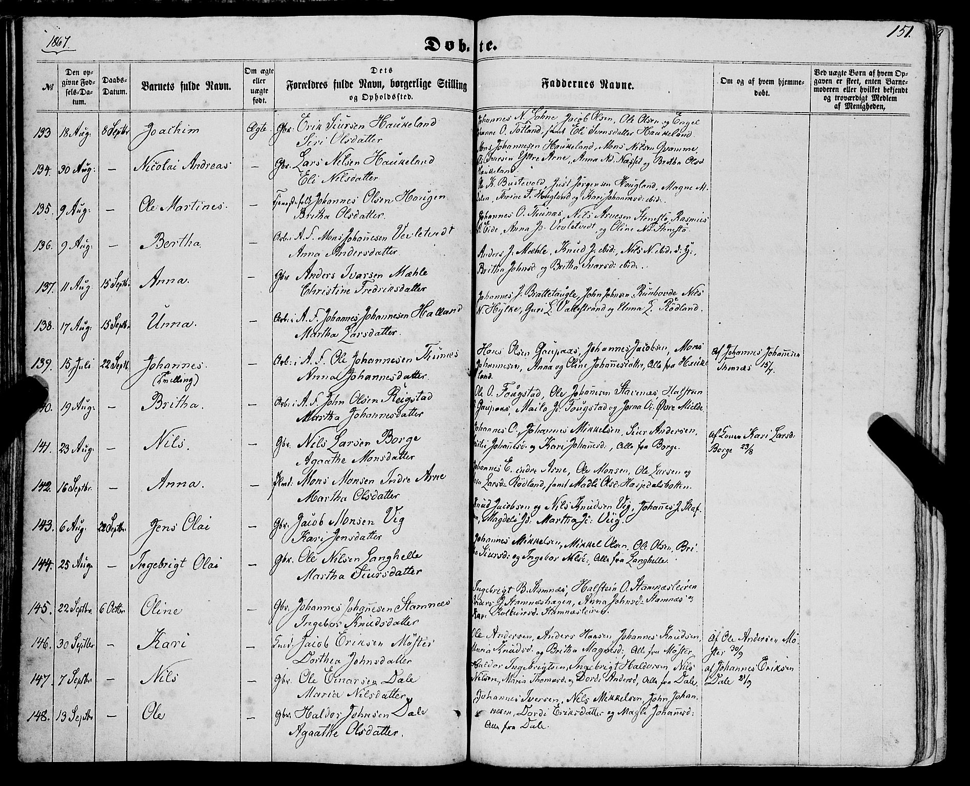 Haus sokneprestembete, AV/SAB-A-75601/H/Haa: Parish register (official) no. A 17, 1858-1870, p. 151