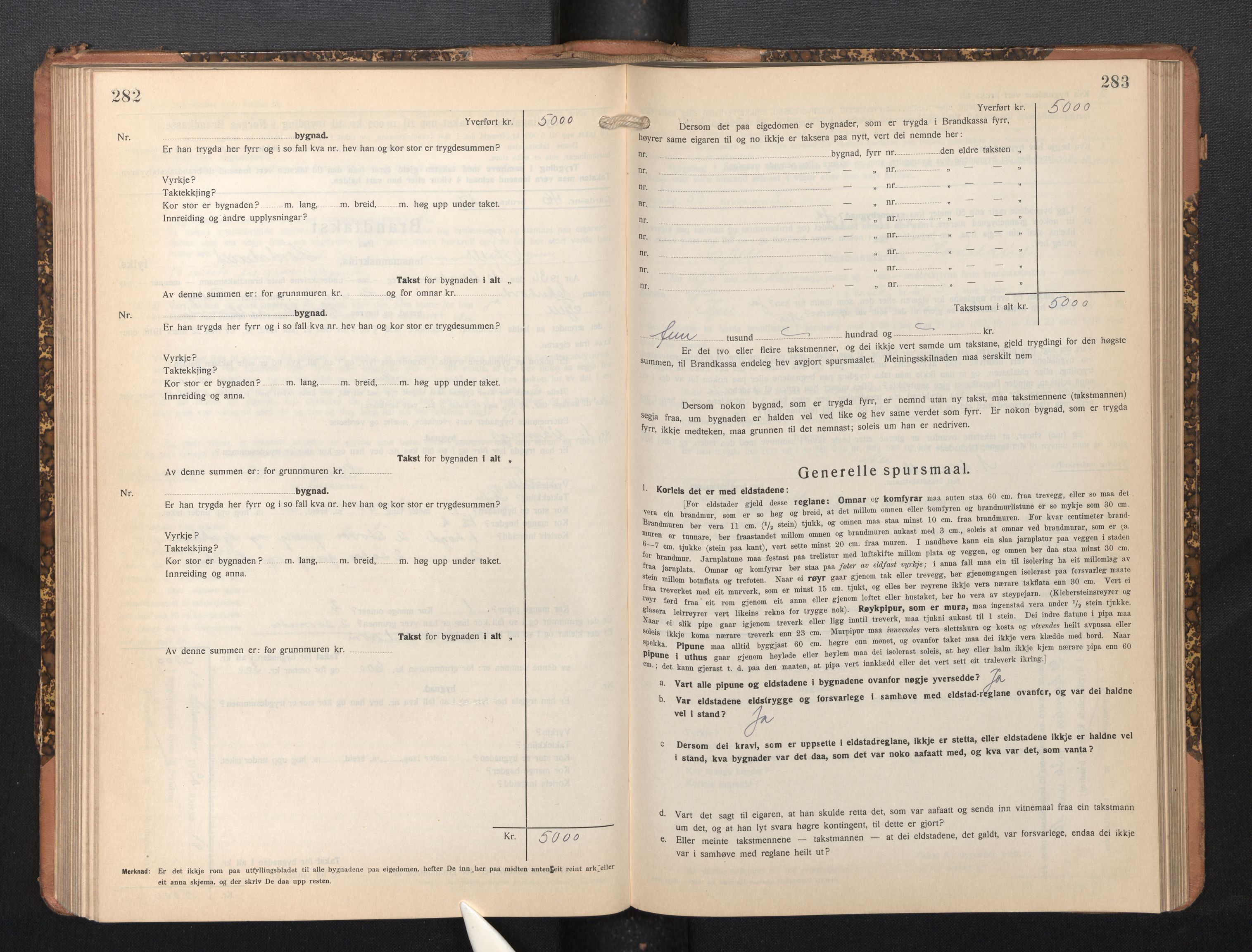 Lensmannen i Fjell, SAB/A-32301/0012/L0006: Branntakstprotokoll, skjematakst, 1931-1945, p. 282-283