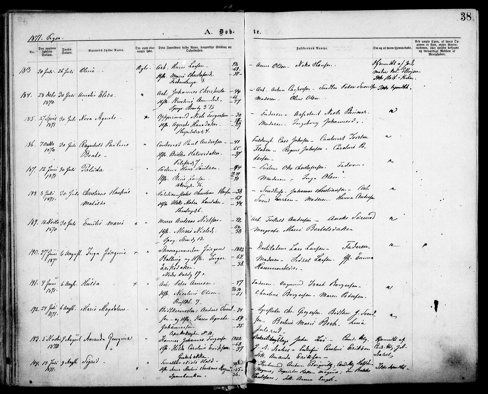 Trefoldighet prestekontor Kirkebøker, SAO/A-10882/F/Fa/L0003: Parish register (official) no. I 3, 1870-1876, p. 38