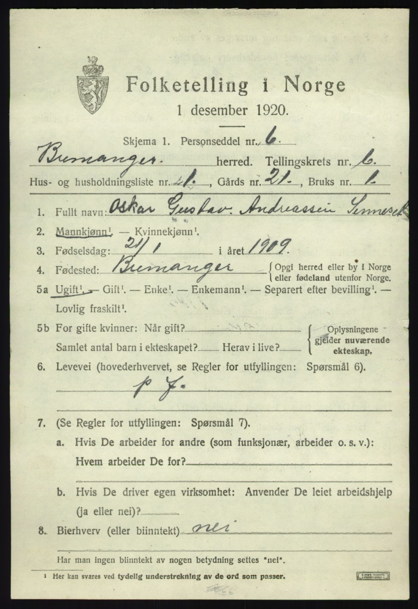 SAB, 1920 census for Bremanger, 1920, p. 4008