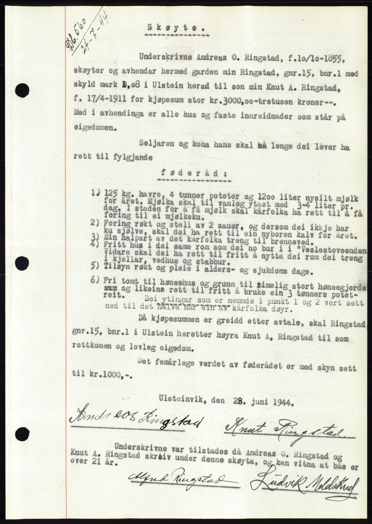 Søre Sunnmøre sorenskriveri, SAT/A-4122/1/2/2C/L0076: Mortgage book no. 2A, 1943-1944, Diary no: : 560/1944