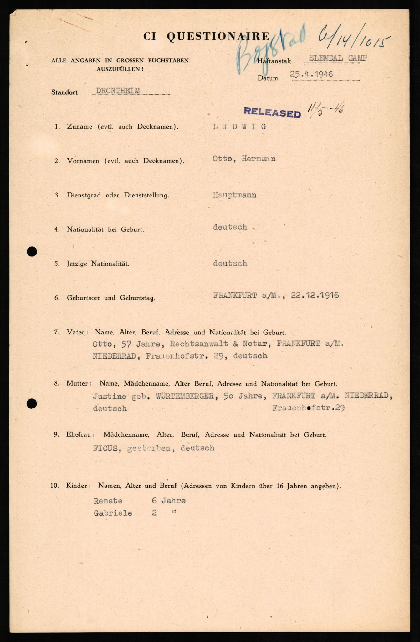 Forsvaret, Forsvarets overkommando II, RA/RAFA-3915/D/Db/L0020: CI Questionaires. Tyske okkupasjonsstyrker i Norge. Tyskere., 1945-1946, p. 364