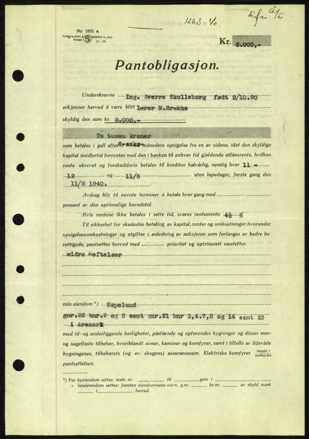 Idd og Marker sorenskriveri, AV/SAO-A-10283/G/Gb/Gbc/L0002: Mortgage book no. B4-9a, 1939-1945, Diary no: : 1263/1940