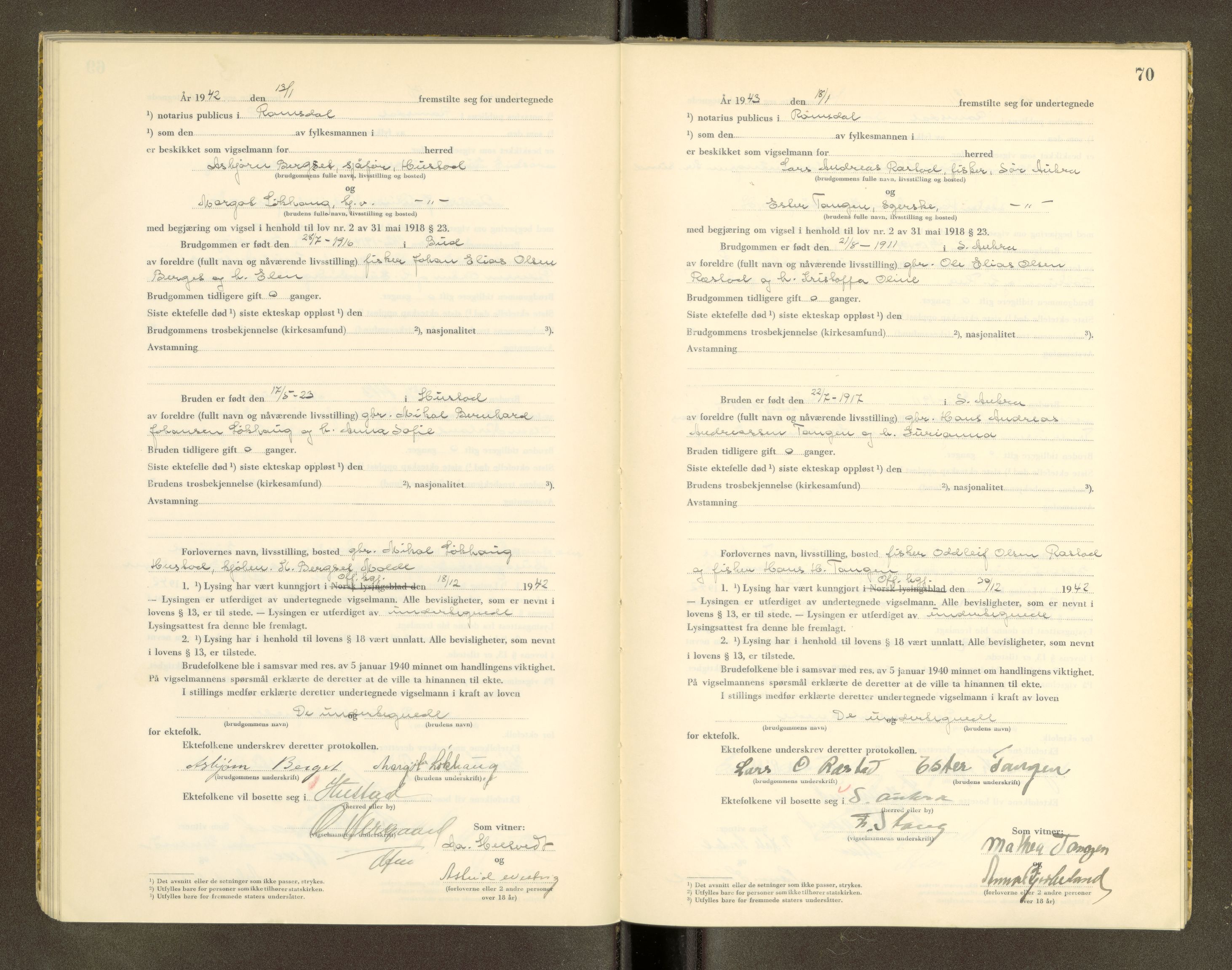 Romsdal sorenskriveri, AV/SAT-A-4149/1/6/6D/L0005: Vigselbok, 1942-1943, p. 70