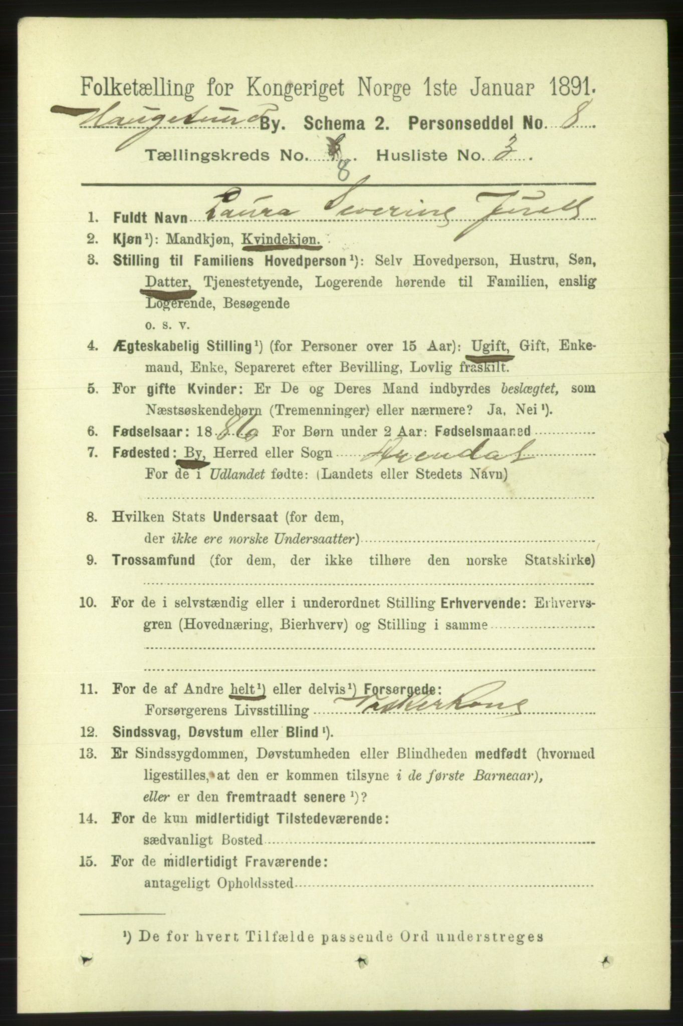 RA, 1891 census for 1106 Haugesund, 1891, p. 3699