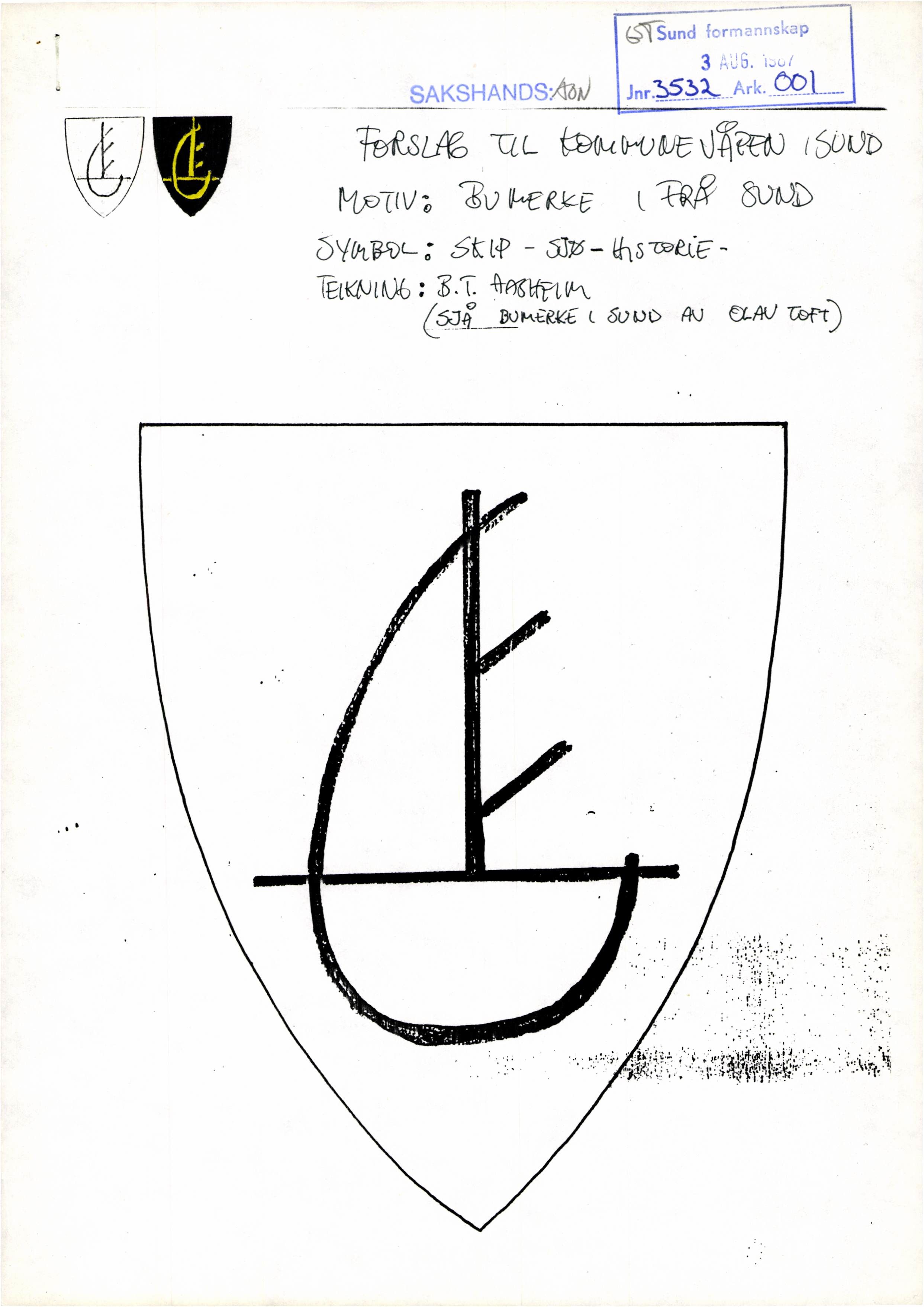 Sund kommune. Formannskapet, IKAH/1245-021/D/Dd/Ddb/L0001/0001: Organisasjon og administrasjon, kommunevåpen, målføre, minnemarkering,  fridomsmedalje, statsministerbesøk og representasjon 