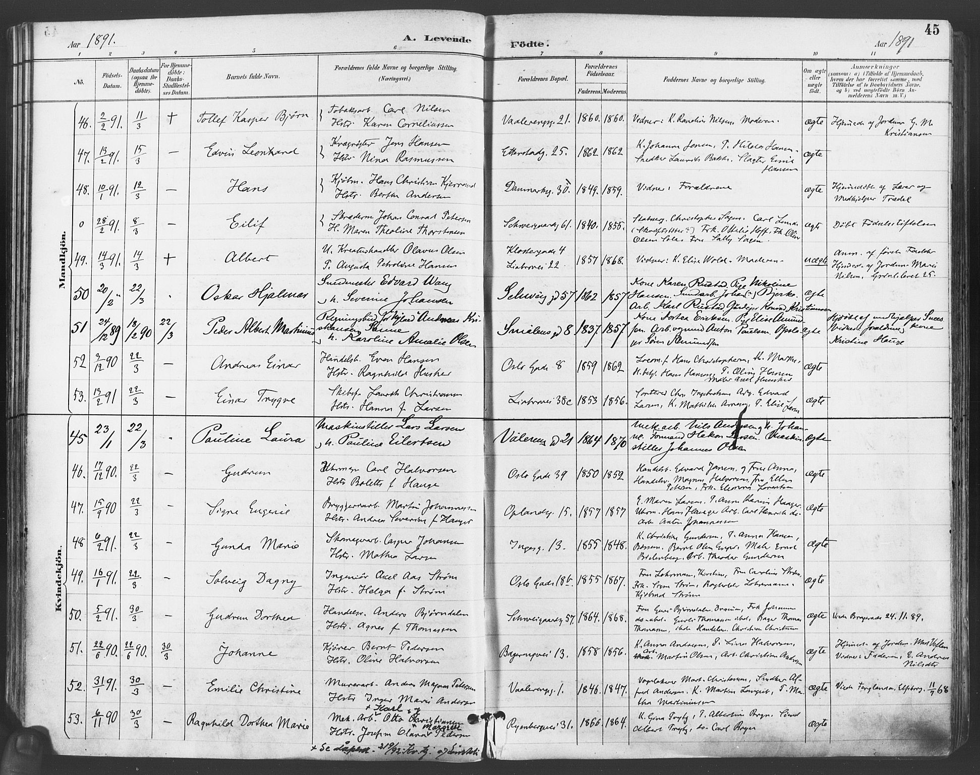 Gamlebyen prestekontor Kirkebøker, SAO/A-10884/F/Fa/L0007: Parish register (official) no. 7, 1889-1899, p. 45