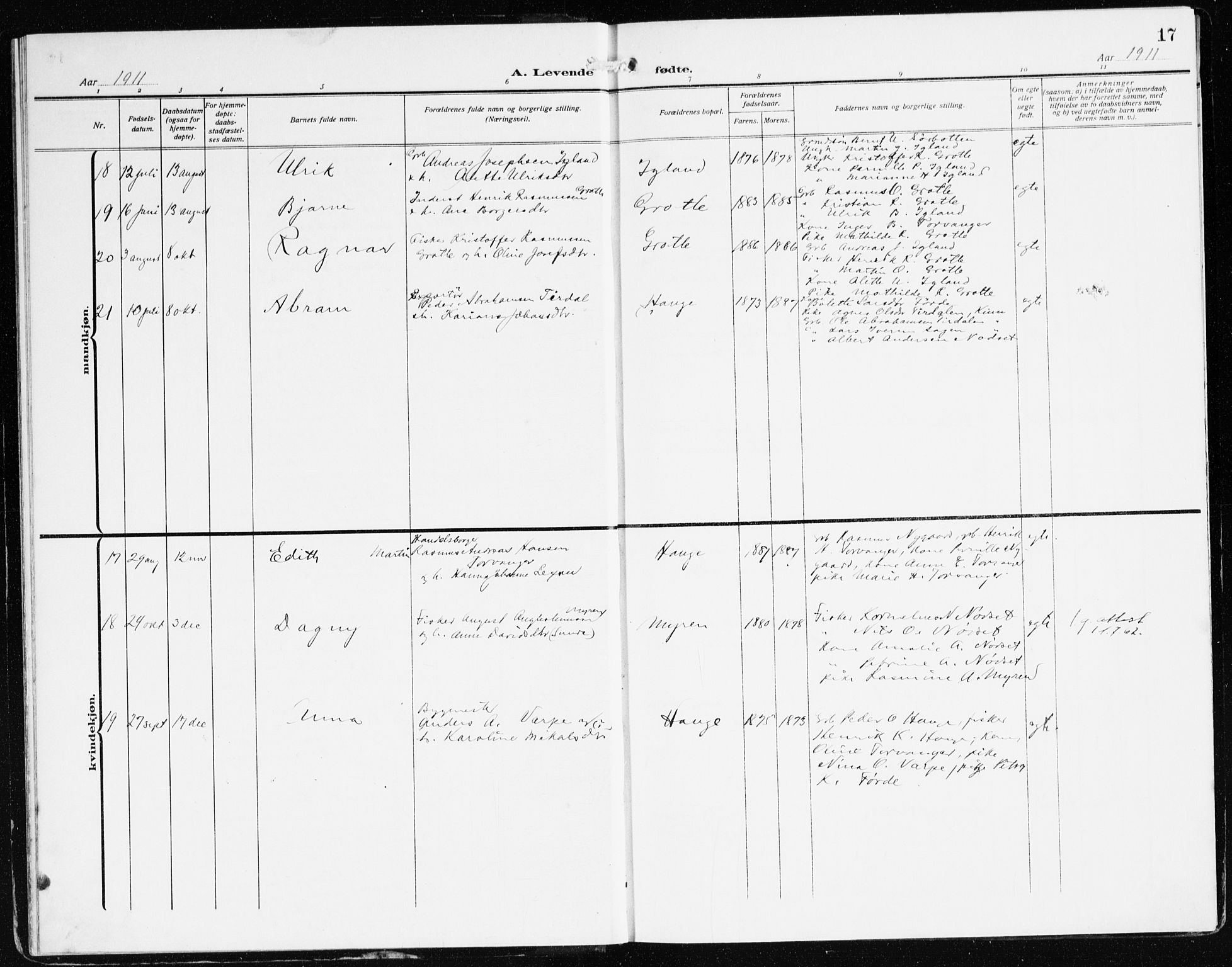 Bremanger sokneprestembete, AV/SAB-A-82201/H/Haa/Haac/L0001: Parish register (official) no. C 1, 1908-1921, p. 17